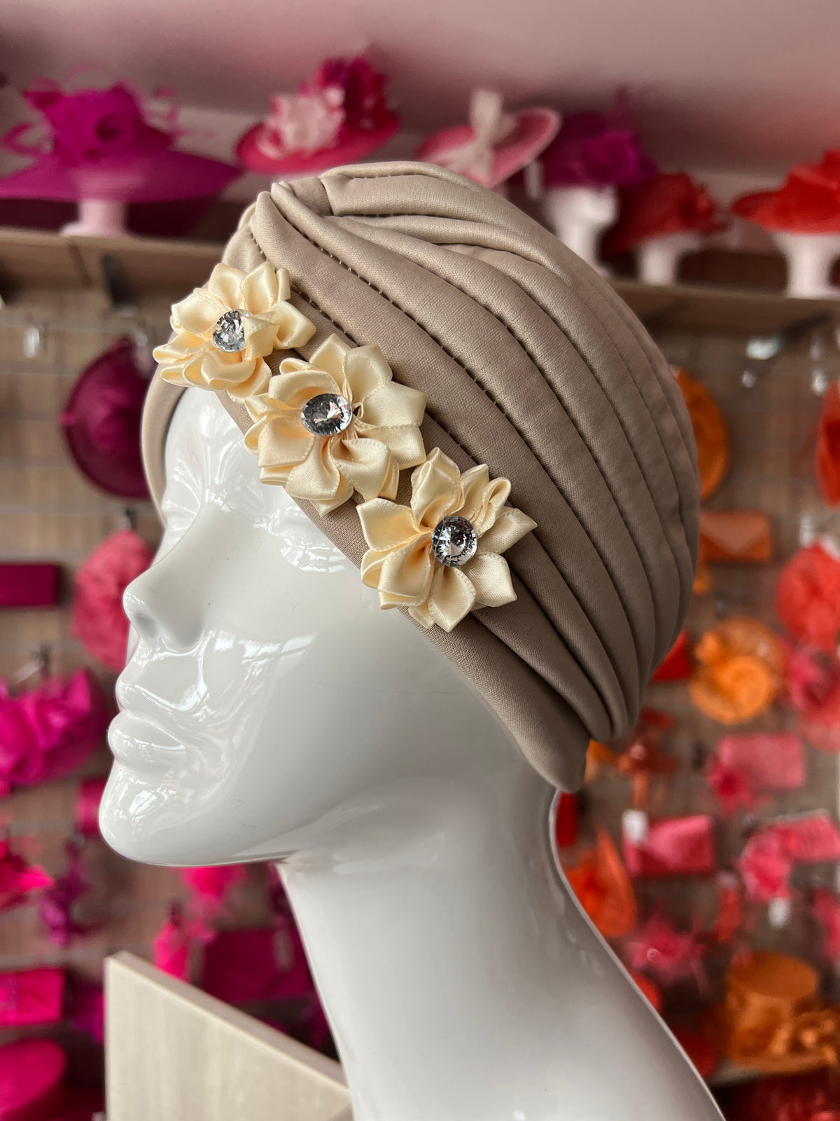Beige Turban With 3 Embellished Flowers-Fascinators Direct