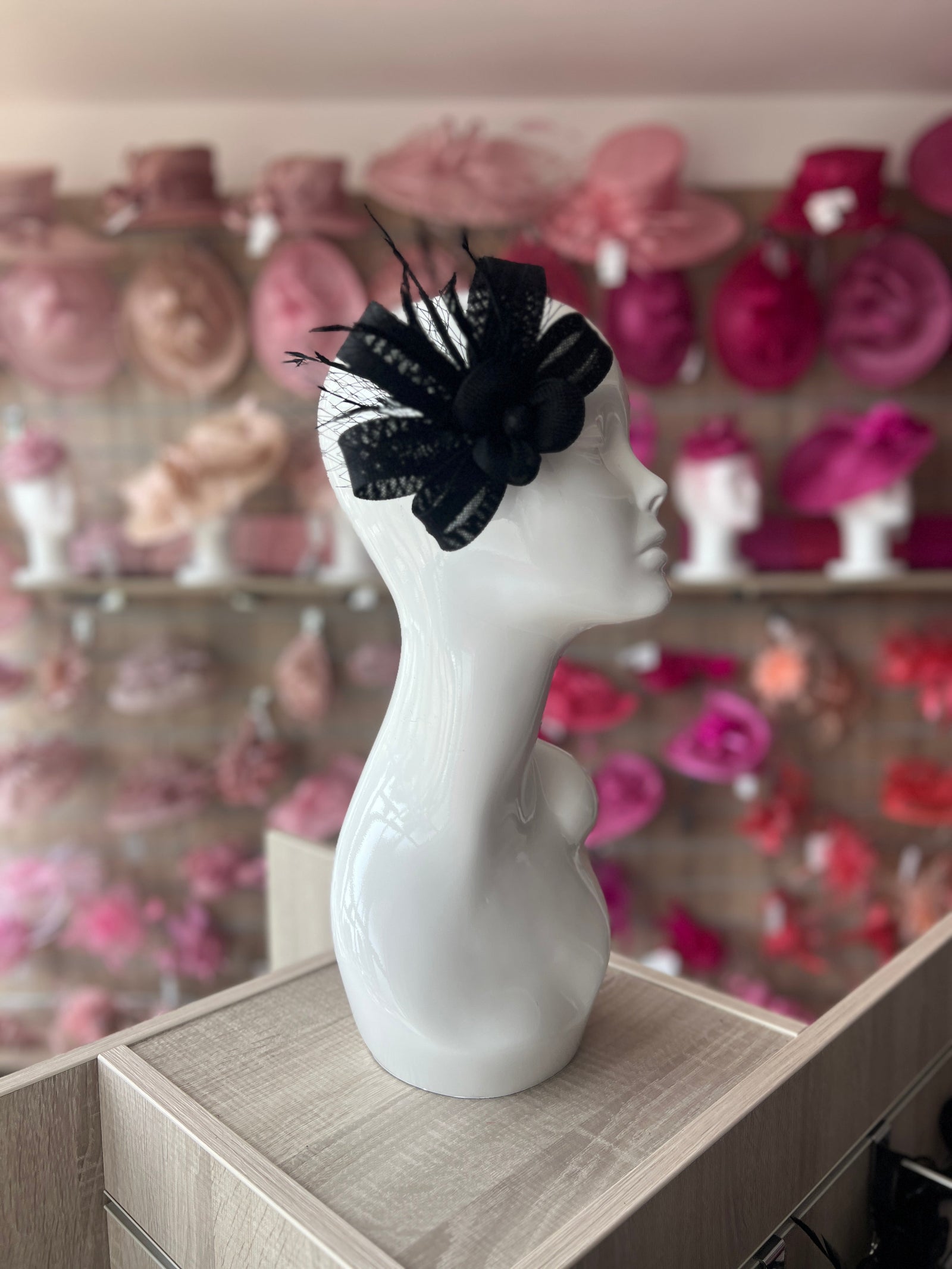 Bijou Black Fascinator Clip with Flower, Feathers & Netting-Fascinators Direct