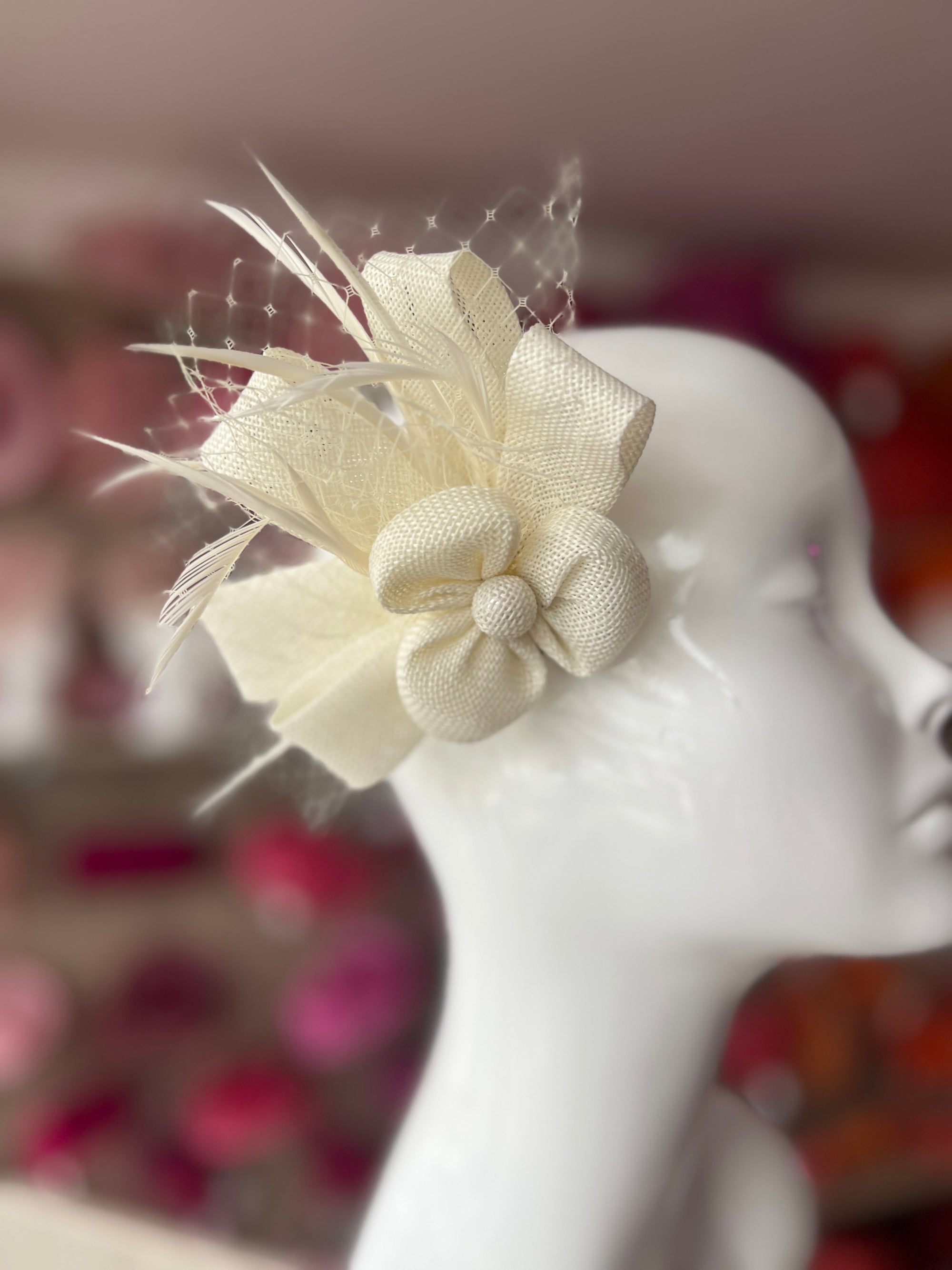 Bijou Cream Fascinator Clip with Flower, Feathers & Netting-Fascinators Direct