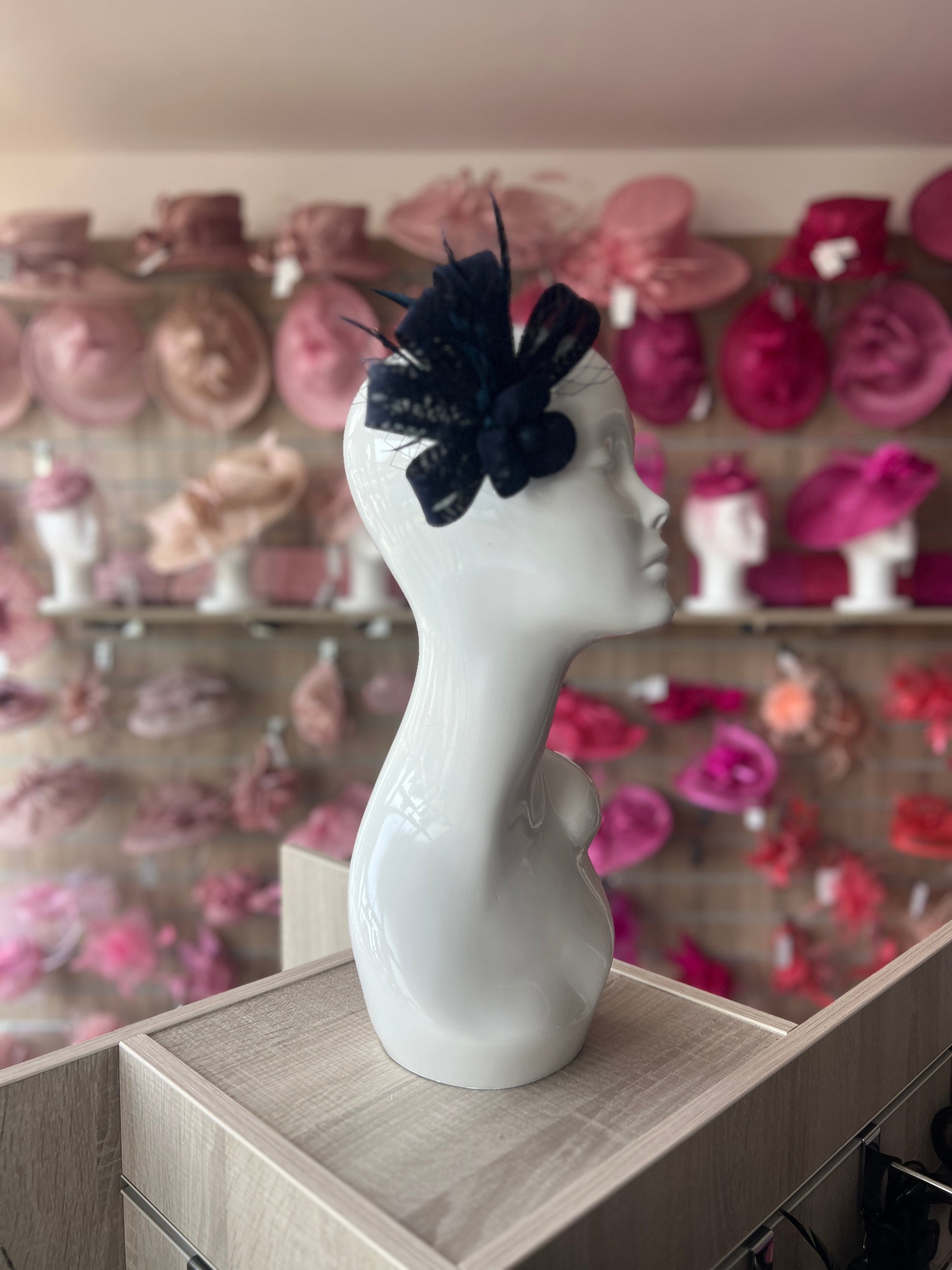 Bijou Dark Navy Fascinator Clip with Flower, Feathers & Netting-Fascinators Direct