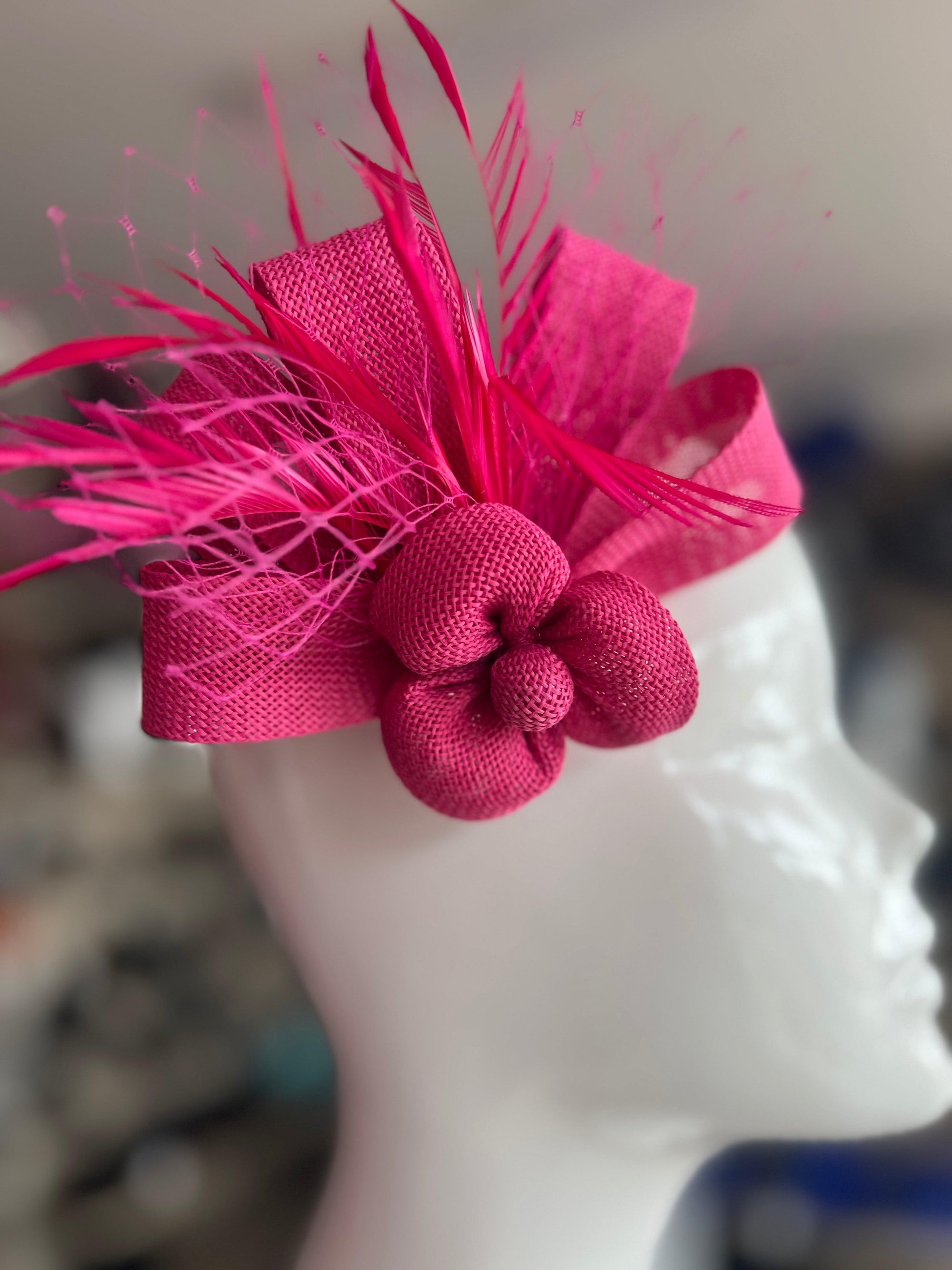 Bijou Fuchsia Fascinator Clip with Flower, Feathers & Netting-Fascinators Direct