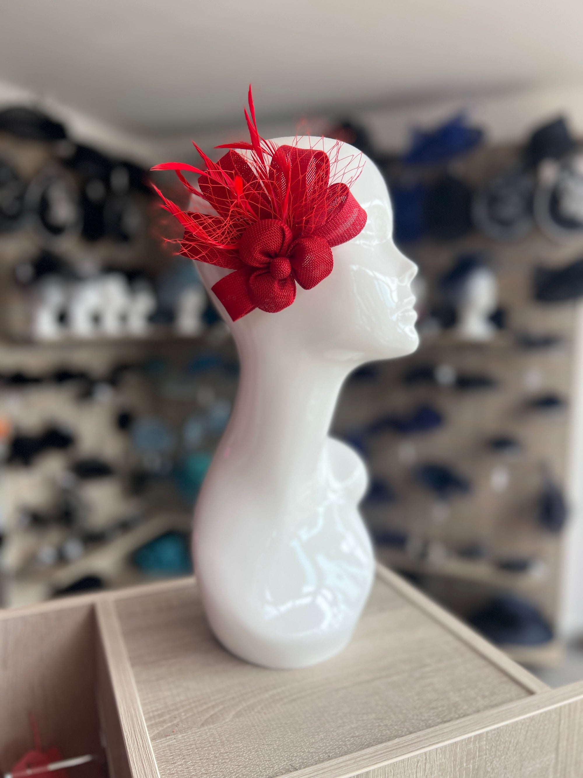 Bijou Red Fascinator Clip with Flower, Feathers & Netting-Fascinators Direct