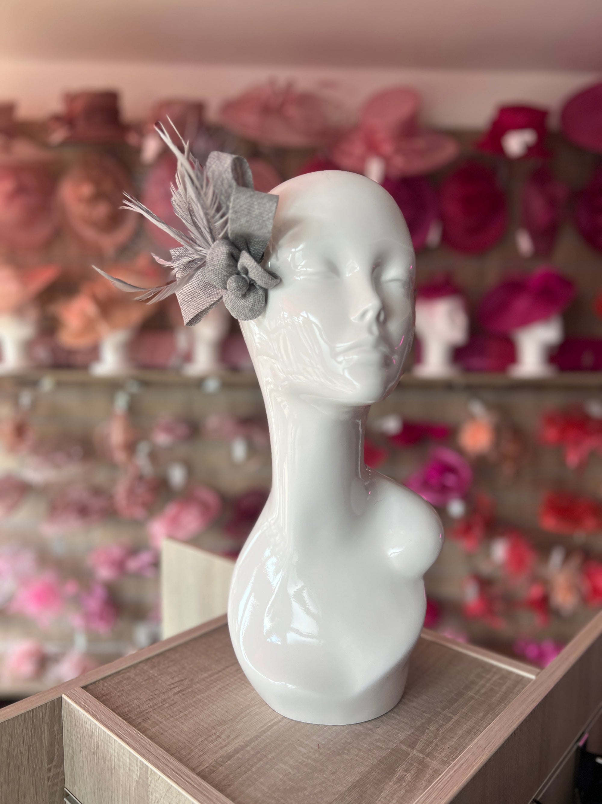 Bijou Silver Grey Fascinator Clip with Flower, Feathers & Netting-Fascinators Direct