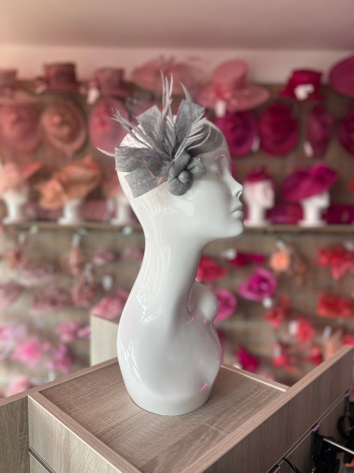 Bijou Silver Grey Fascinator Clip with Flower, Feathers &amp; Netting-Fascinators Direct