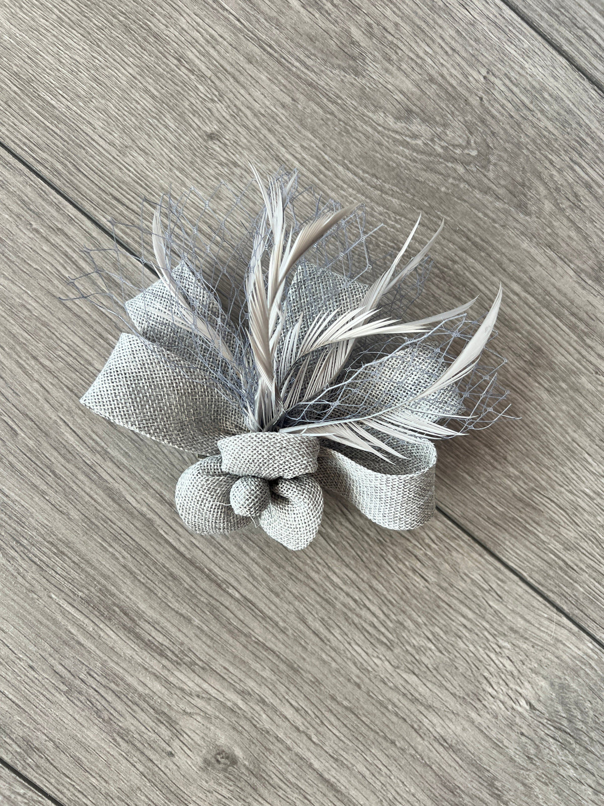Bijou Silver Grey Fascinator Clip with Flower, Feathers &amp; Netting-Fascinators Direct