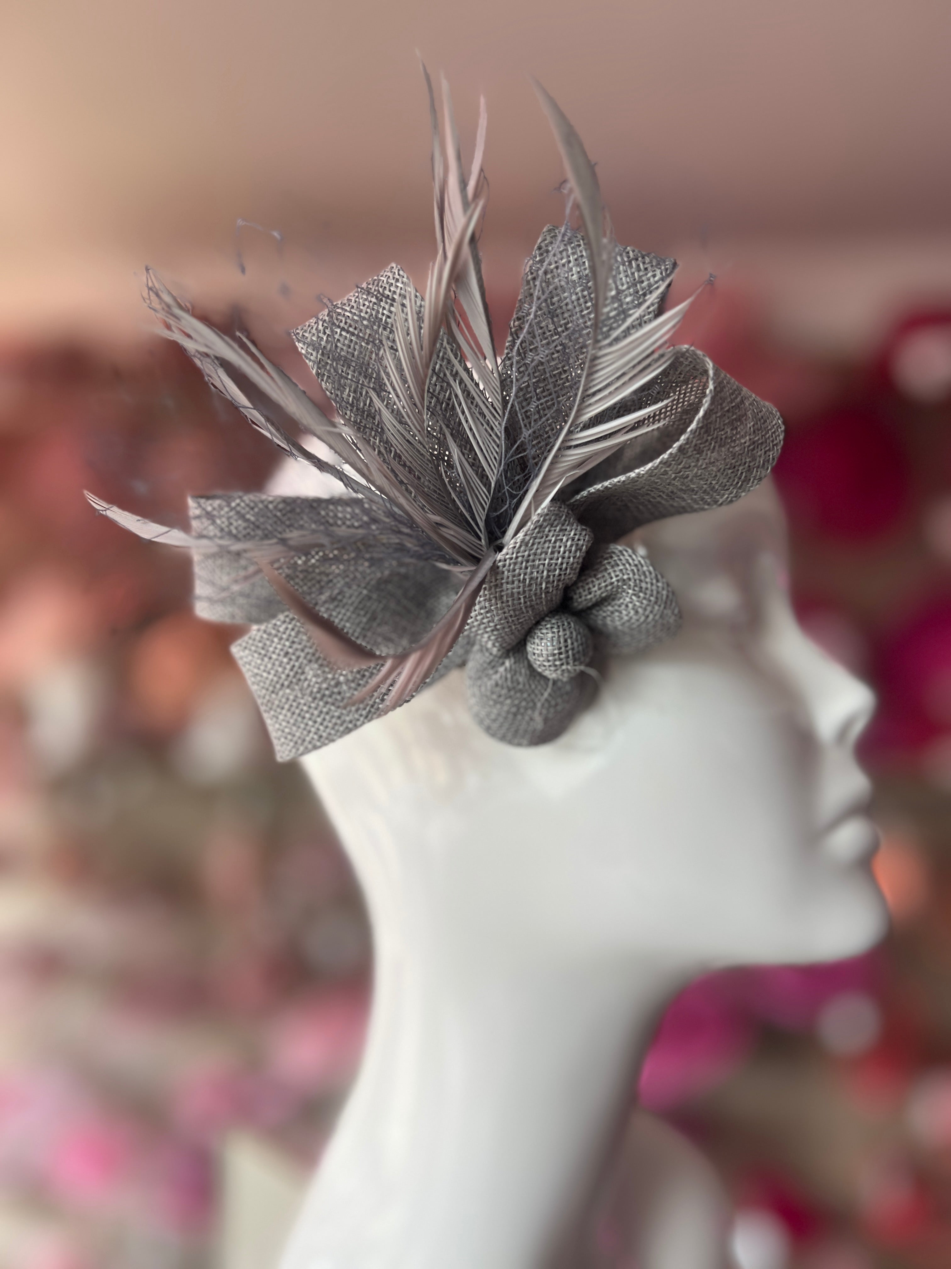 Bijou Silver Grey Fascinator Clip with Flower, Feathers Netting