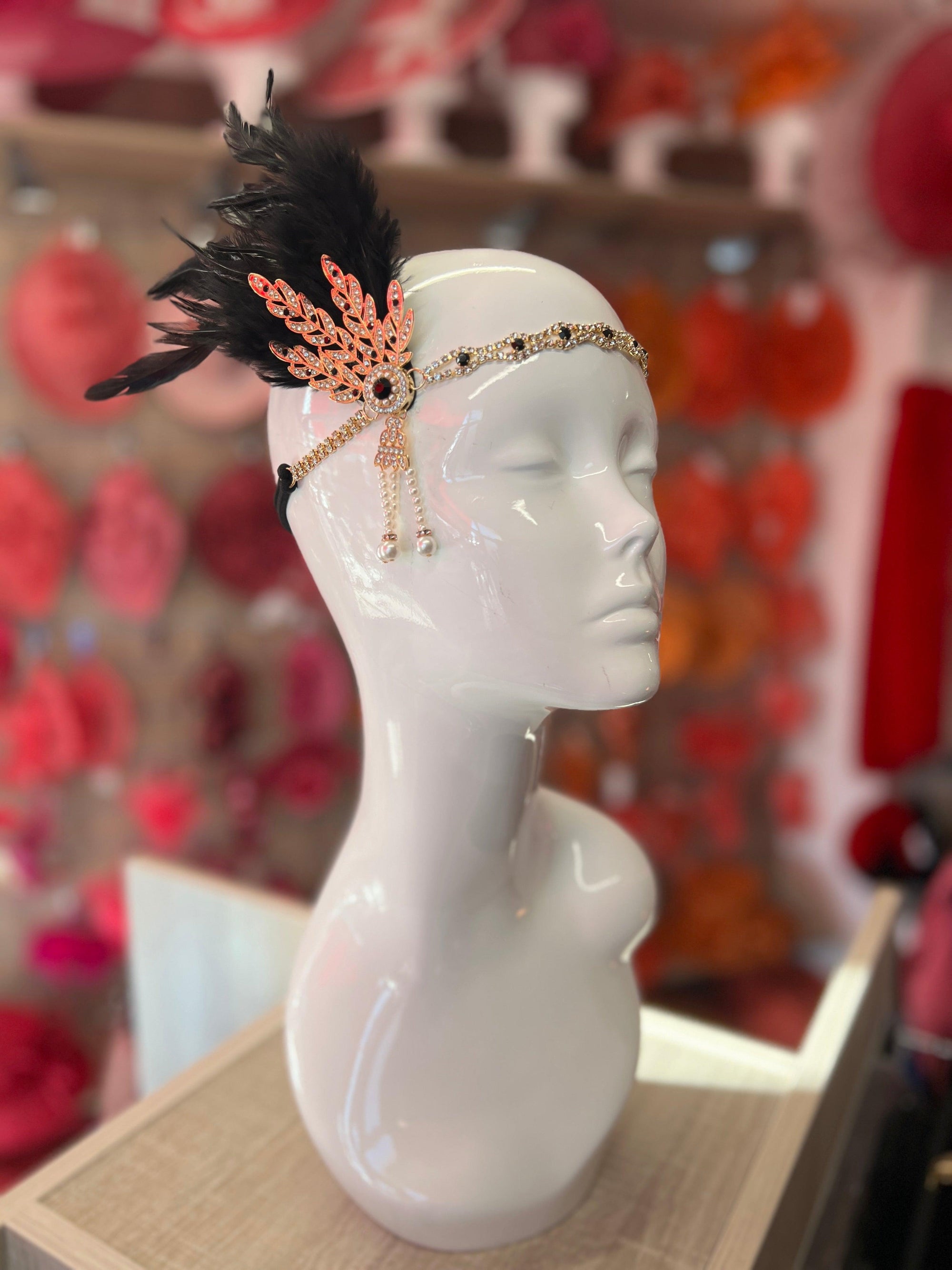 Black 1920's Style Feather Flapper Headpiece With Hanging Pearls-Fascinators Direct