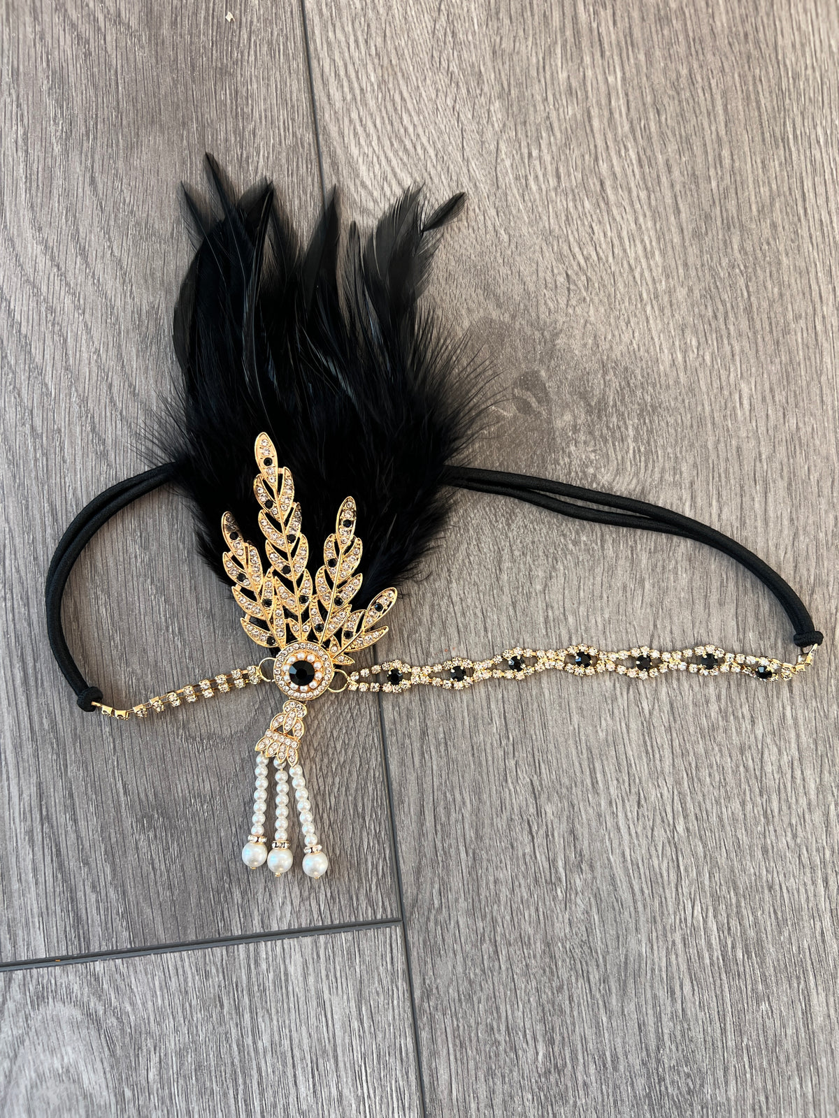 Black 1920&#39;s Style Feather Flapper Headpiece With Hanging Pearls-Fascinators Direct