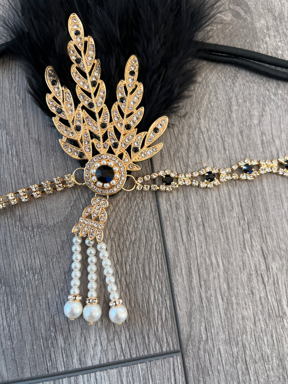 Black 1920&#39;s Style Feather Flapper Headpiece With Hanging Pearls-Fascinators Direct