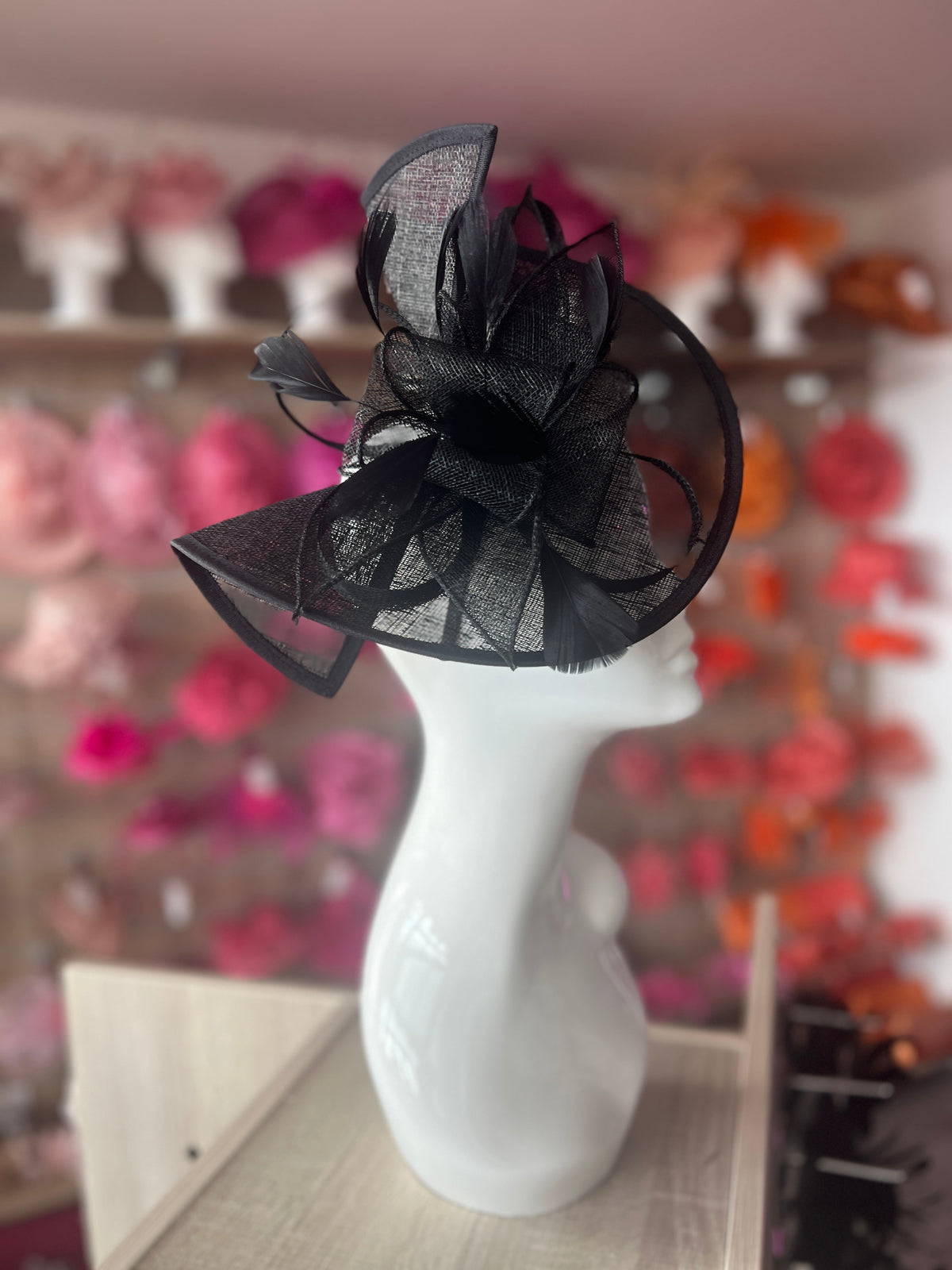 Black Asymmetric Disc Fascinator With Feathers-Fascinators Direct