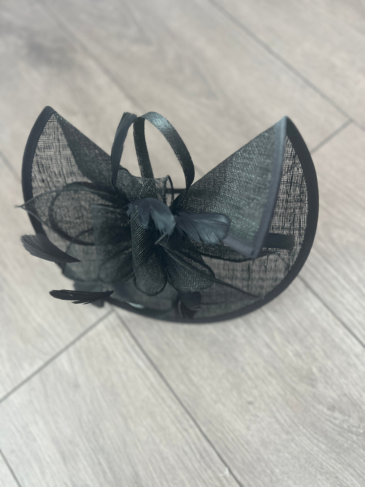 Black Asymmetric Disc Fascinator With Feathers-Fascinators Direct