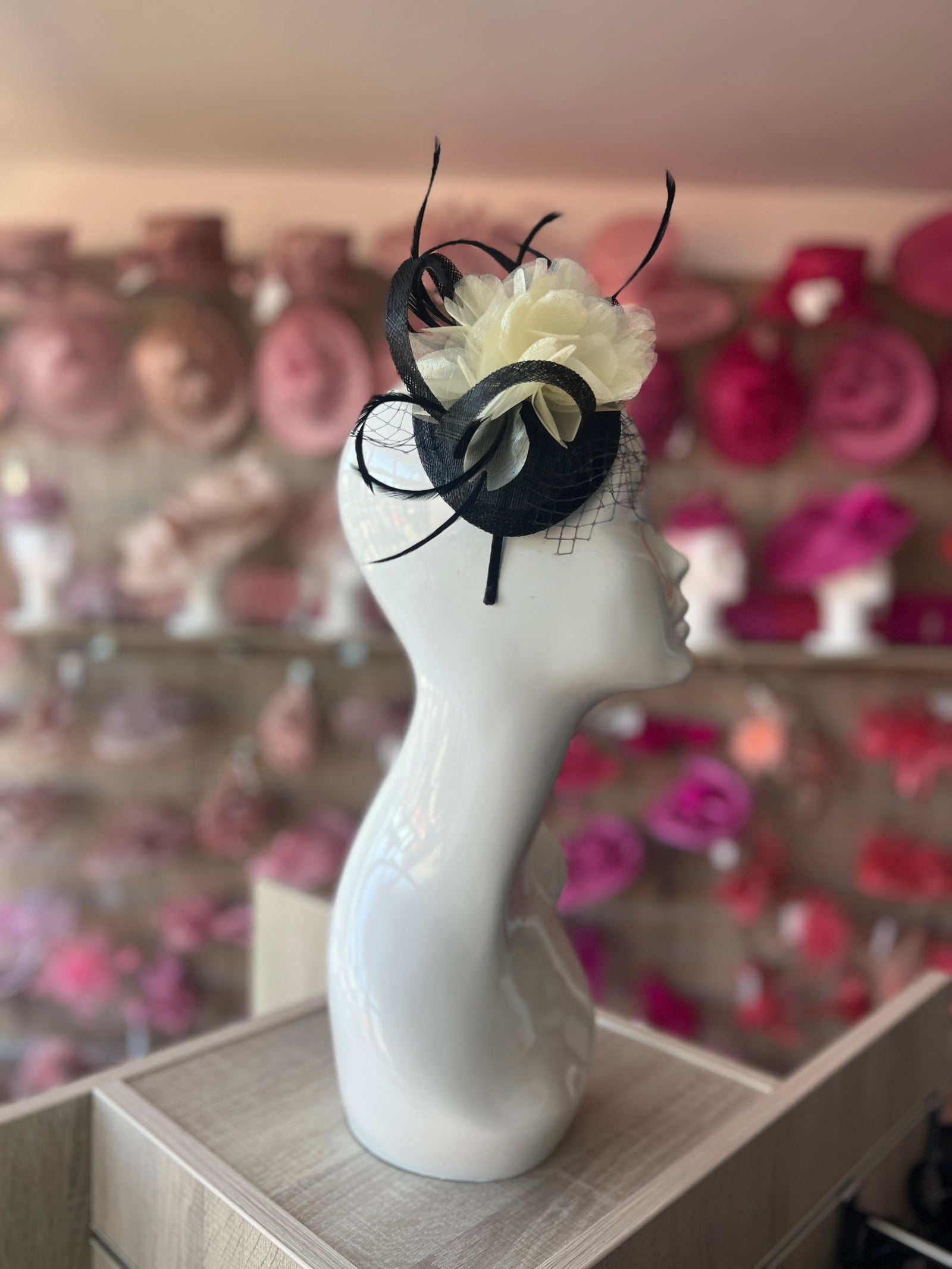Black & Cream Fascinator Headband with Organza Flower-Fascinators Direct