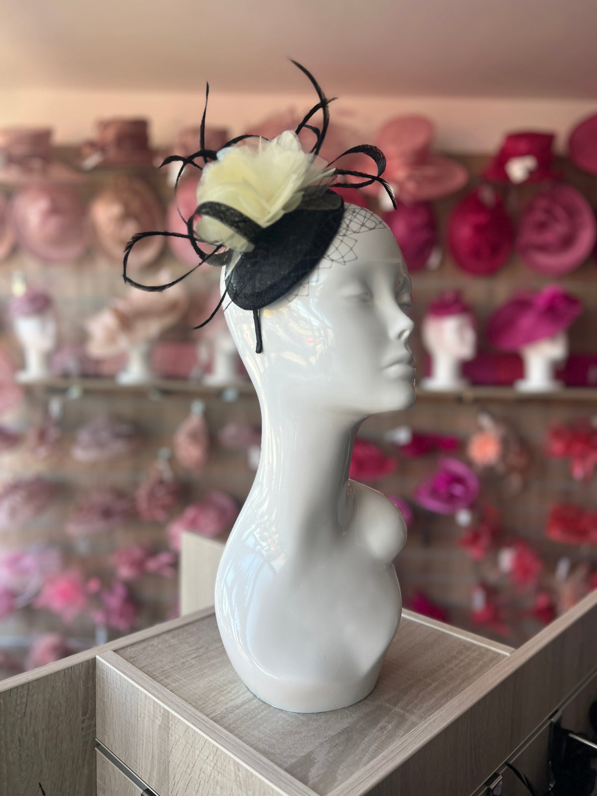 Black &amp; Cream Fascinator Headband with Organza Flower-Fascinators Direct