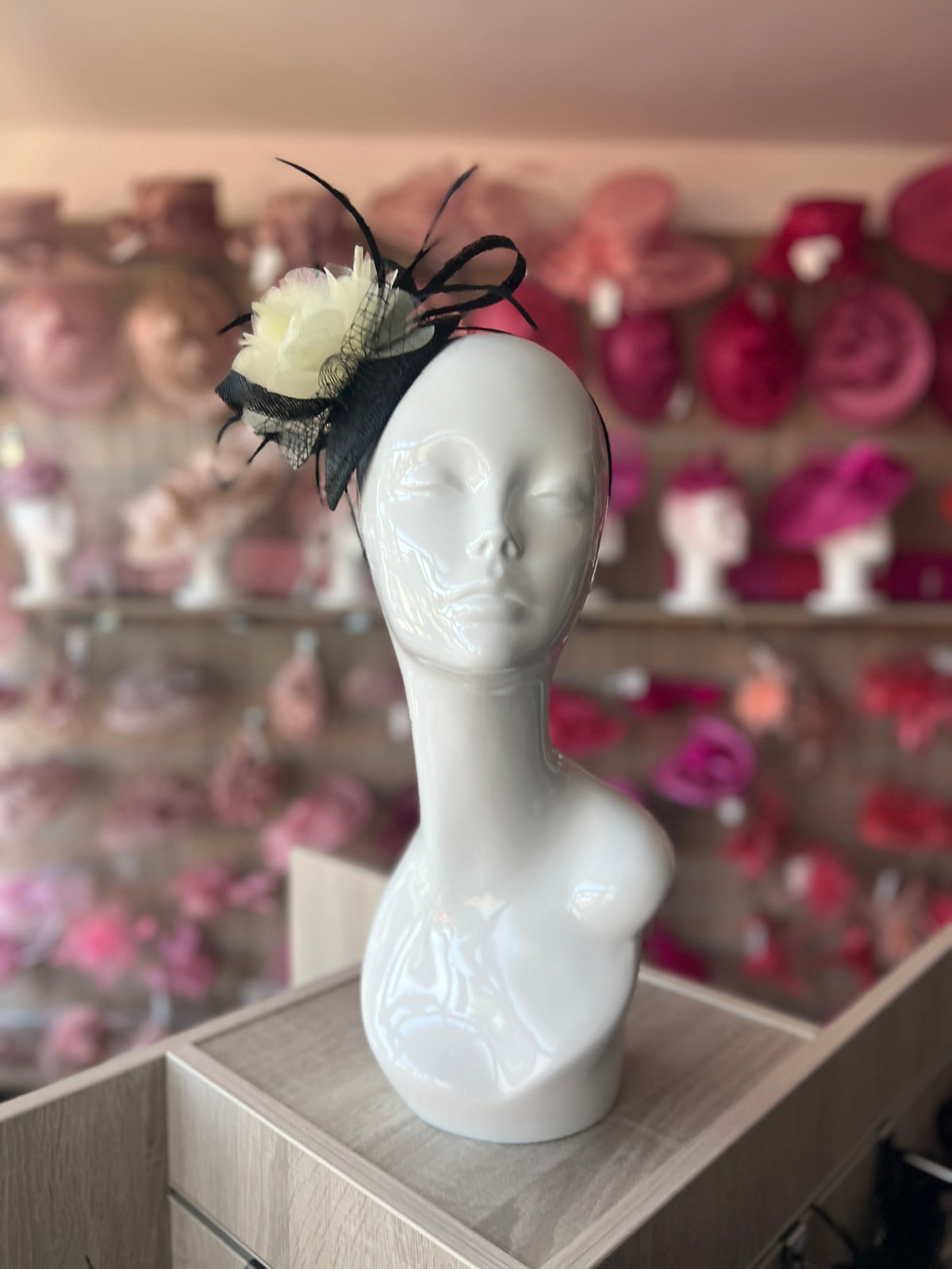 Black &amp; Cream Fascinator Headband with Organza Flower-Fascinators Direct