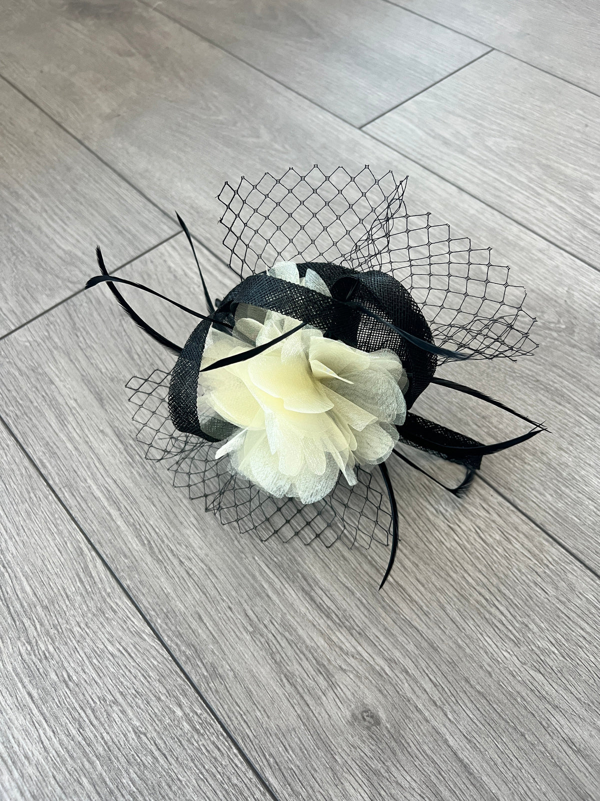 Black &amp; Cream Fascinator Headband with Organza Flower-Fascinators Direct