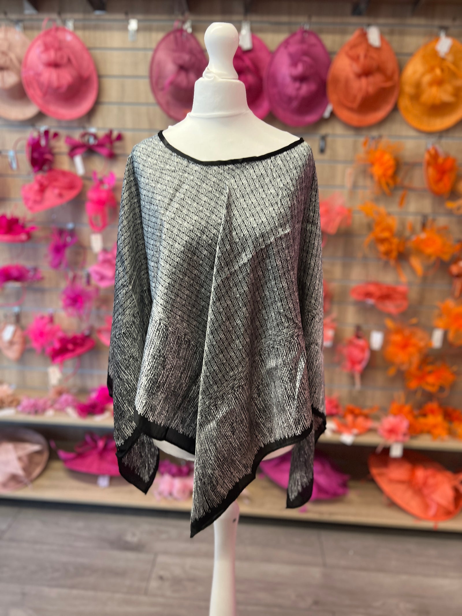 Black & Cream Patterned Silky Summer Poncho-Fascinators Direct