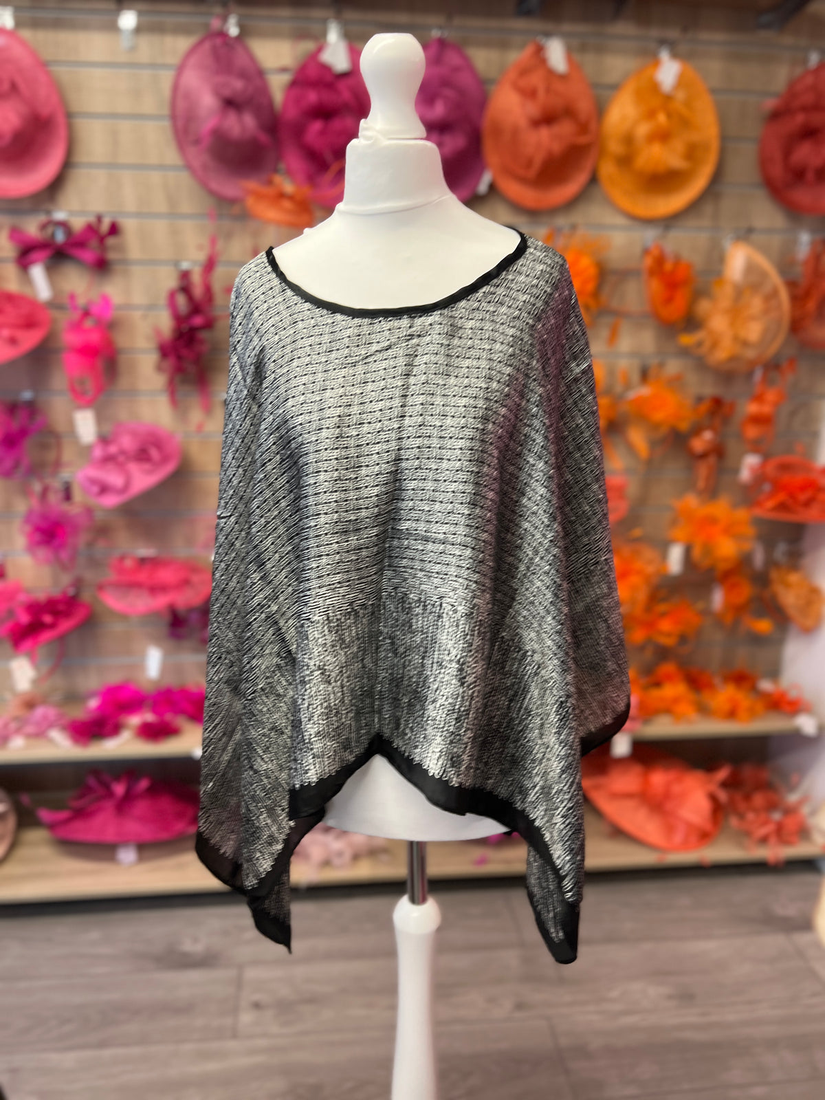 Black &amp; Cream Patterned Silky Summer Poncho-Fascinators Direct