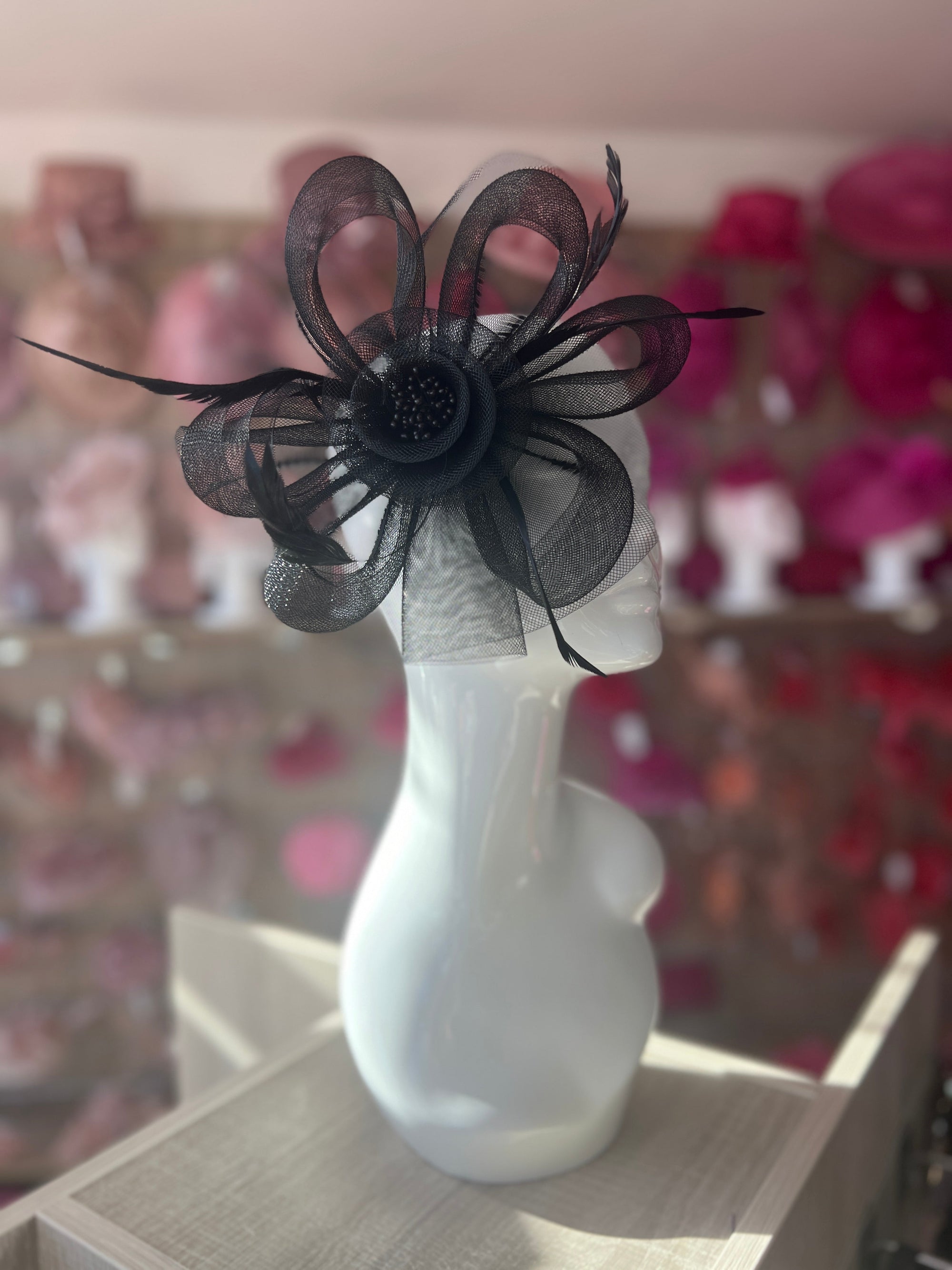 Black Crin Flower Fascinator With Feathers-Fascinators Direct