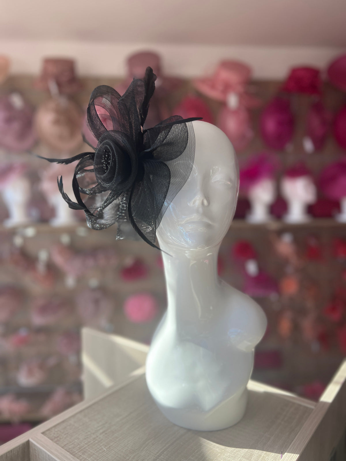 Black Crin Flower Fascinator With Feathers-Fascinators Direct