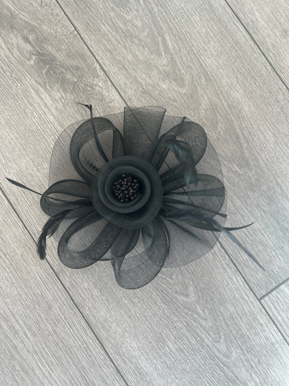 Black Crin Flower Fascinator With Feathers-Fascinators Direct