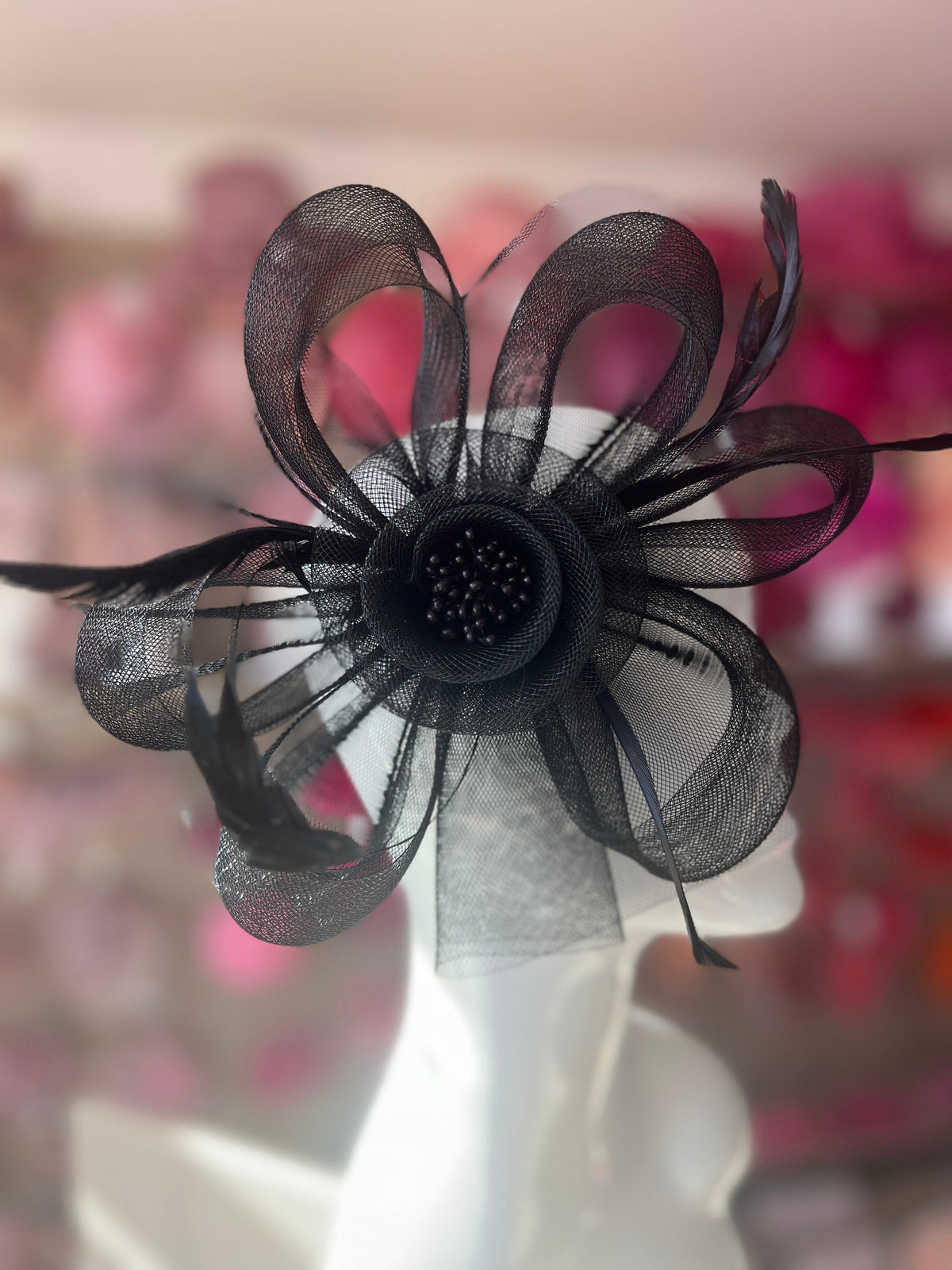 Black Crin Flower Fascinator With Feathers-Fascinators Direct