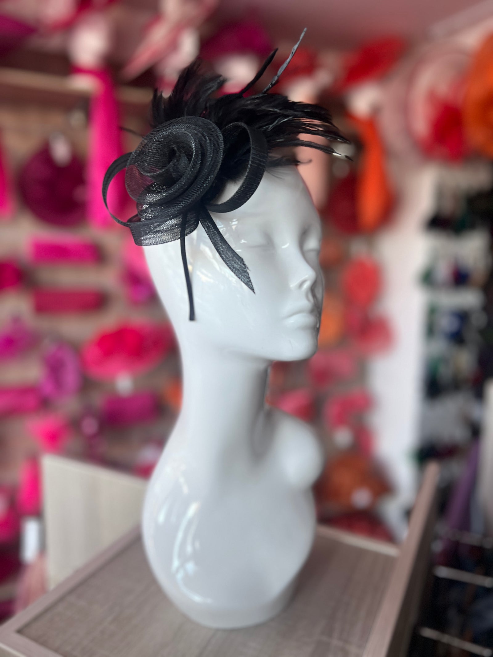Black Crinoline Fascinator with Swirl & Feathers-Fascinators Direct
