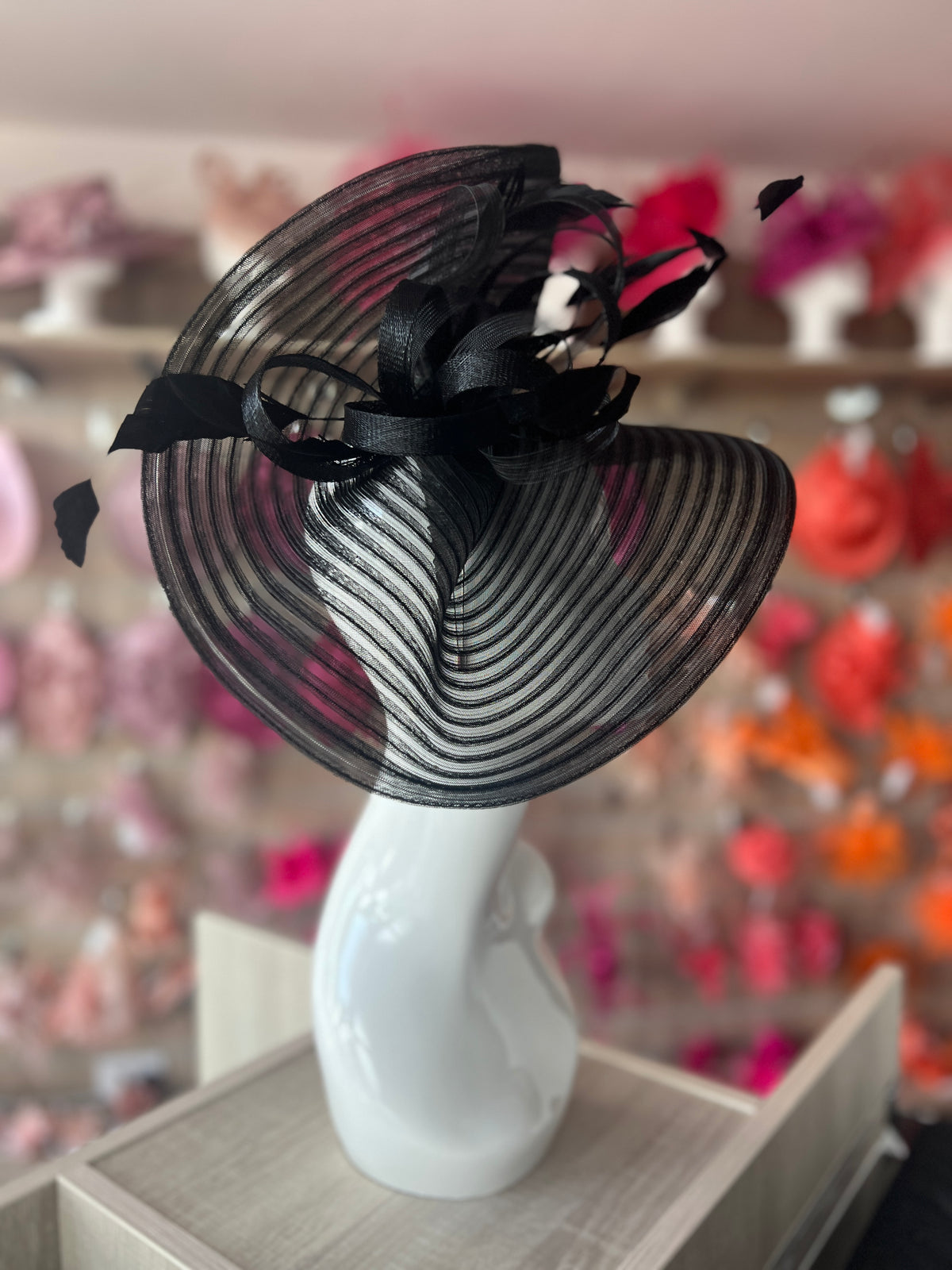 Black Crinoline Hatinator with Loops &amp; Feathers-Fascinators Direct