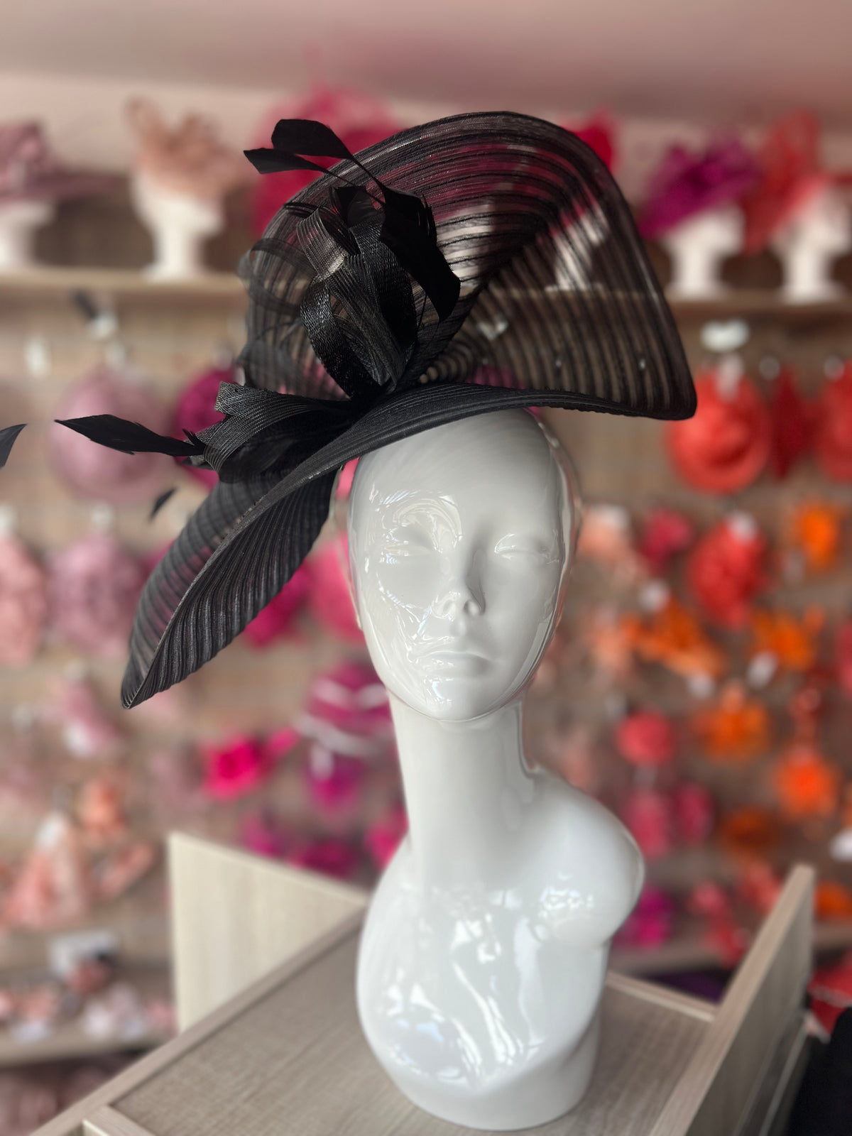 Black Crinoline Hatinator with Loops &amp; Feathers-Fascinators Direct