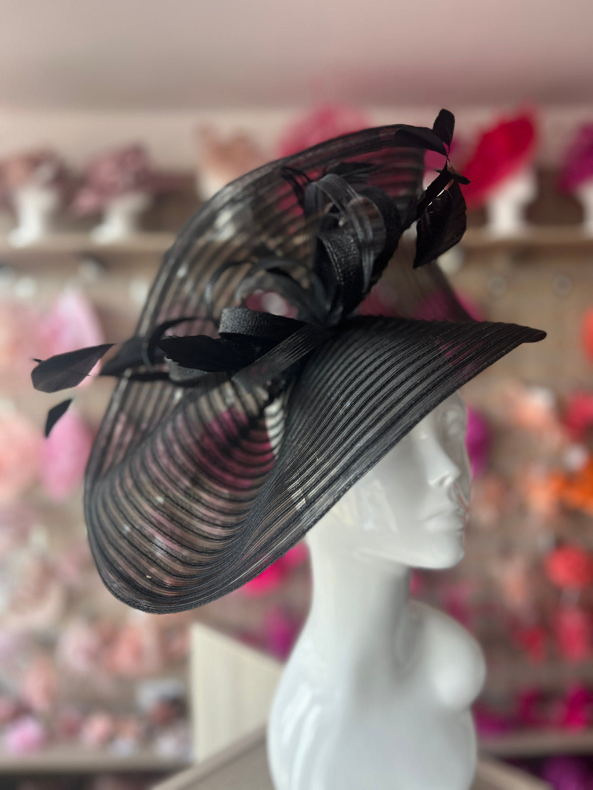 Black Crinoline Hatinator with Loops &amp; Feathers-Fascinators Direct