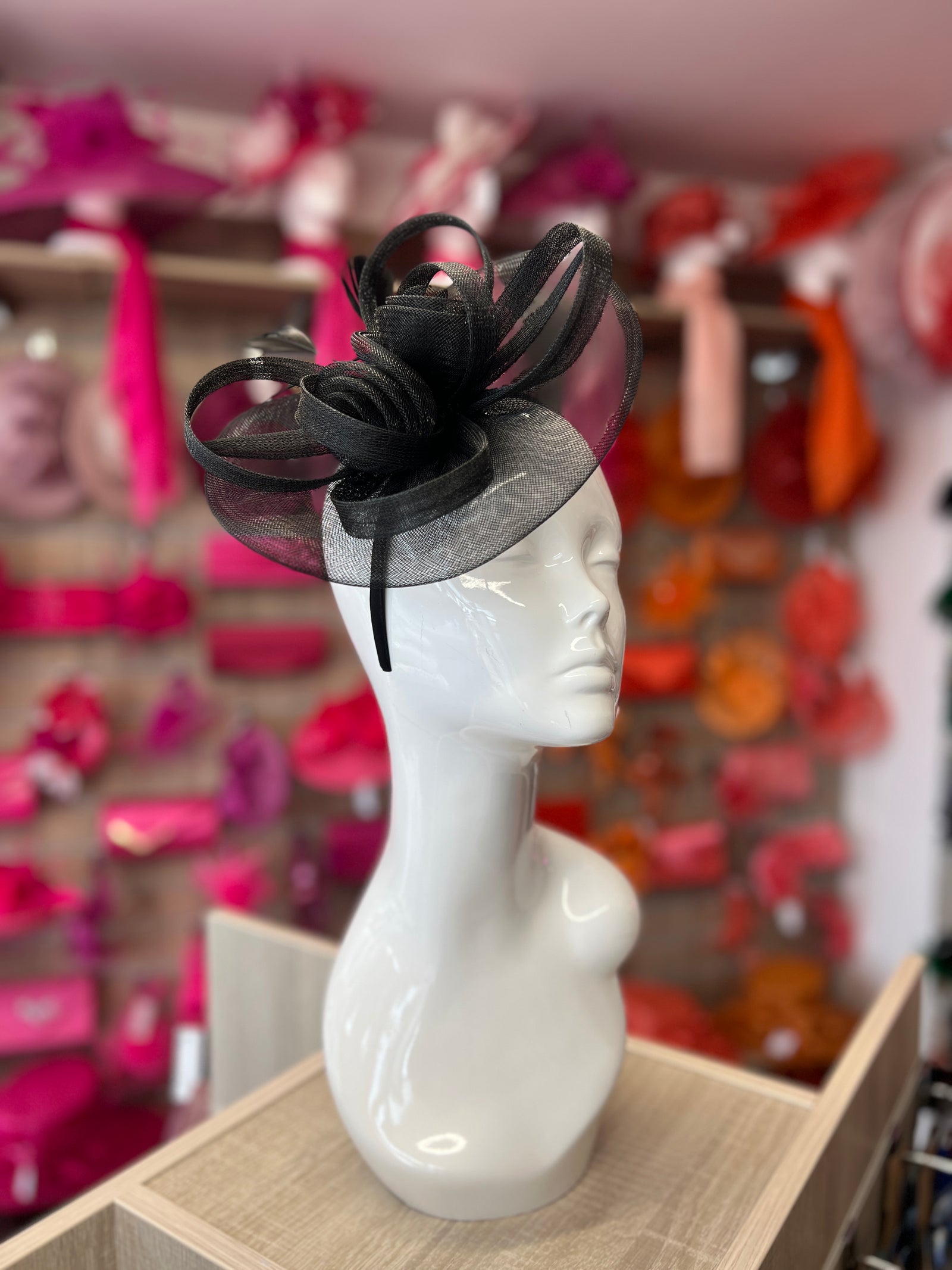 Black Crinoline Saucer Fascinator With Loops & Feathers-Fascinators Direct