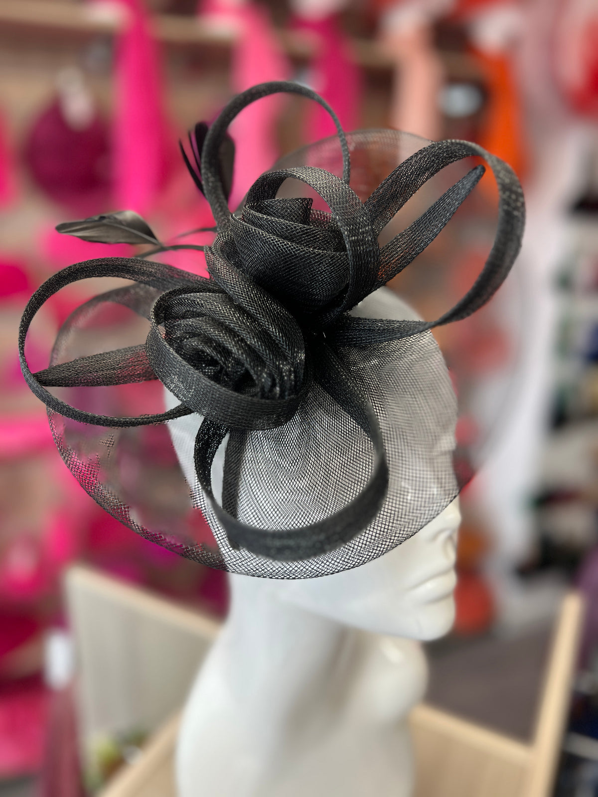 Black Crinoline Saucer Fascinator With Loops &amp; Feathers-Fascinators Direct