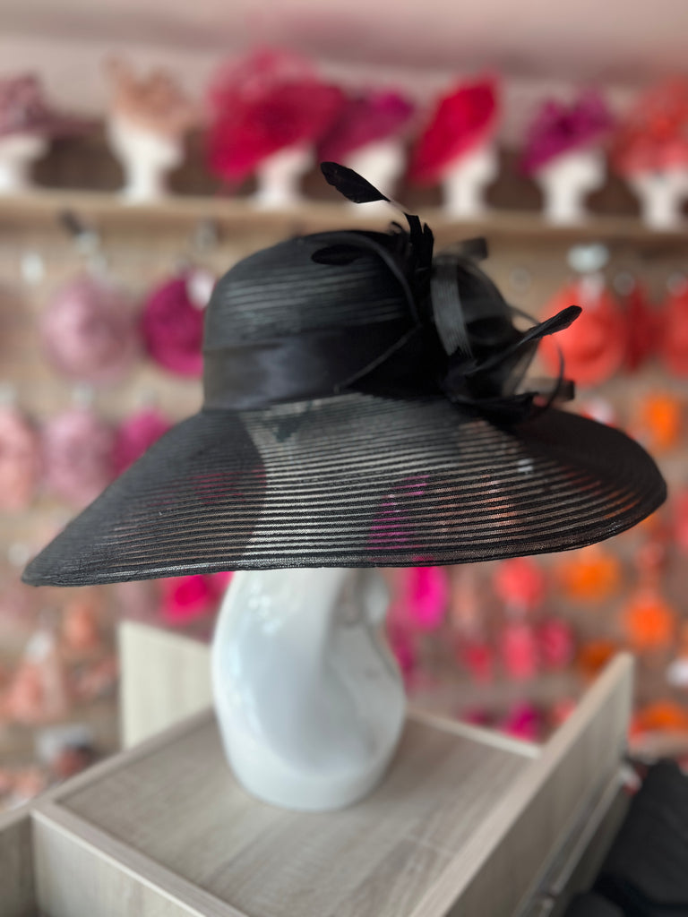 Wide Brim Birdcage Veil Fascinator Black Crinoline Wide Brim Hat