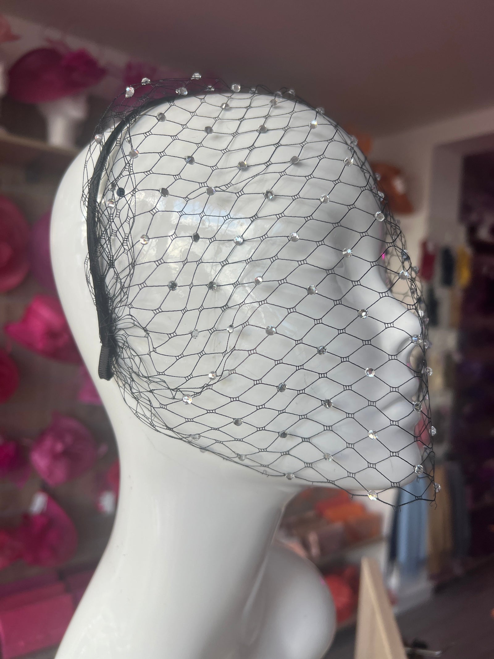 Black Crystal Bridal Birdcage Veil-Fascinators Direct