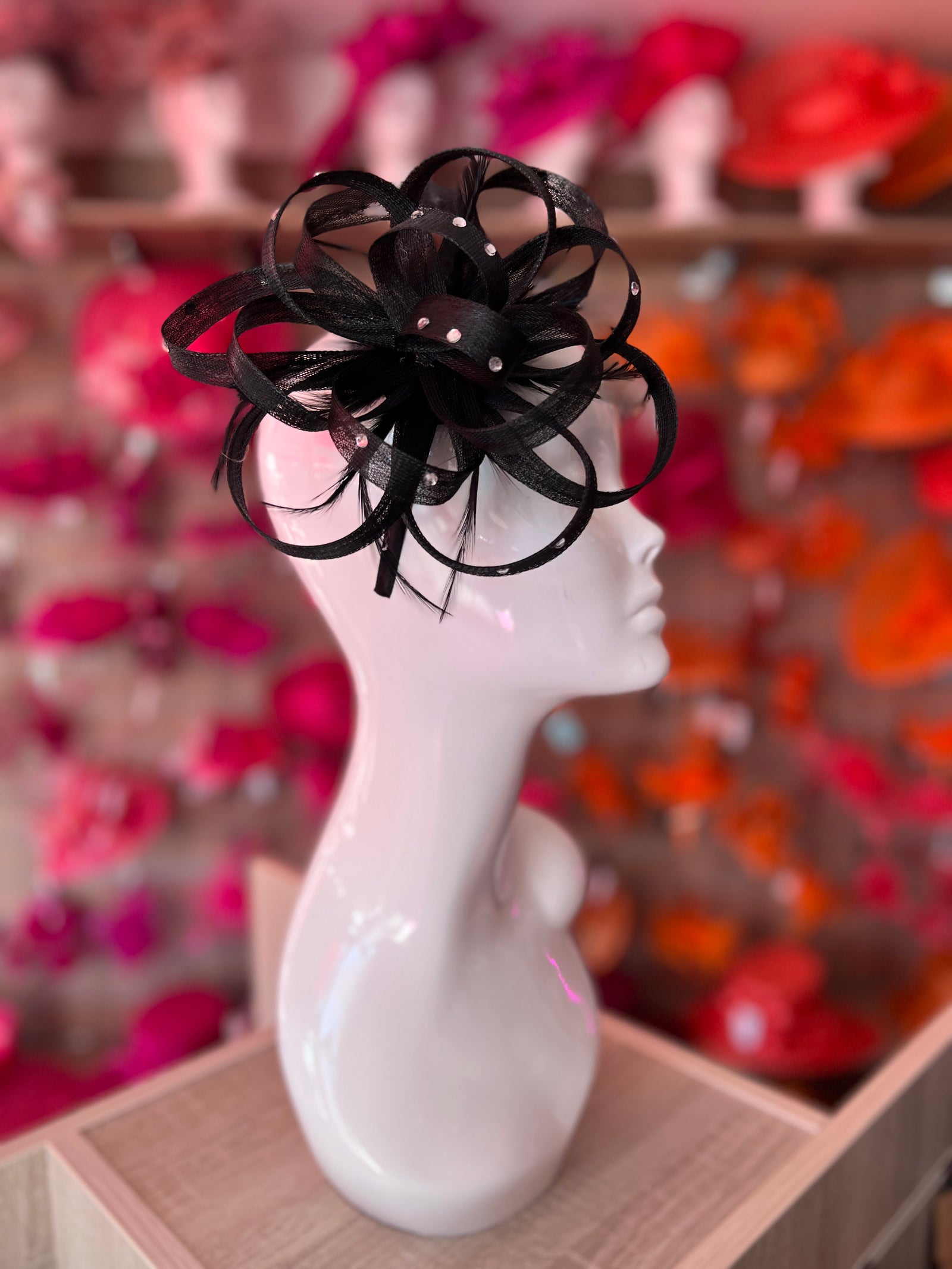 Black Diamante Fascinator With Loops & Wispy Feathers-Fascinators Direct