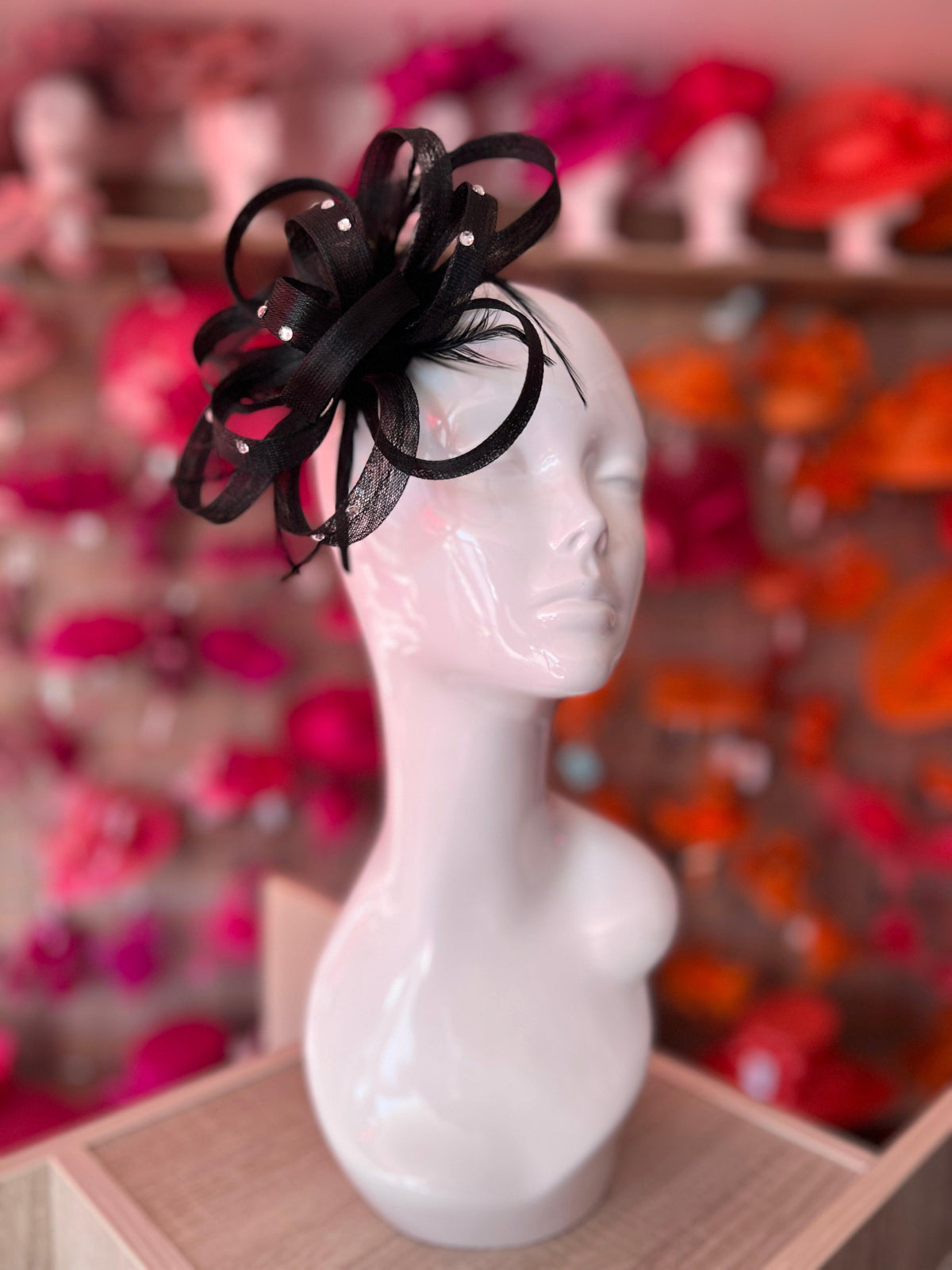 Black Diamante Fascinator With Loops &amp; Wispy Feathers-Fascinators Direct