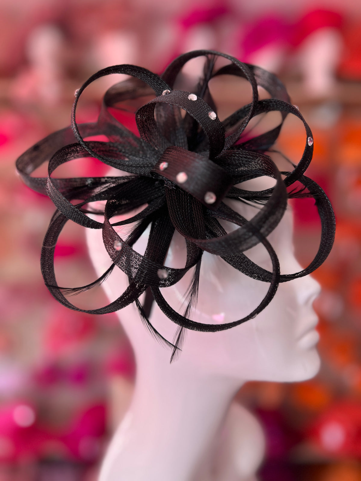 Black Diamante Fascinator With Loops &amp; Wispy Feathers-Fascinators Direct