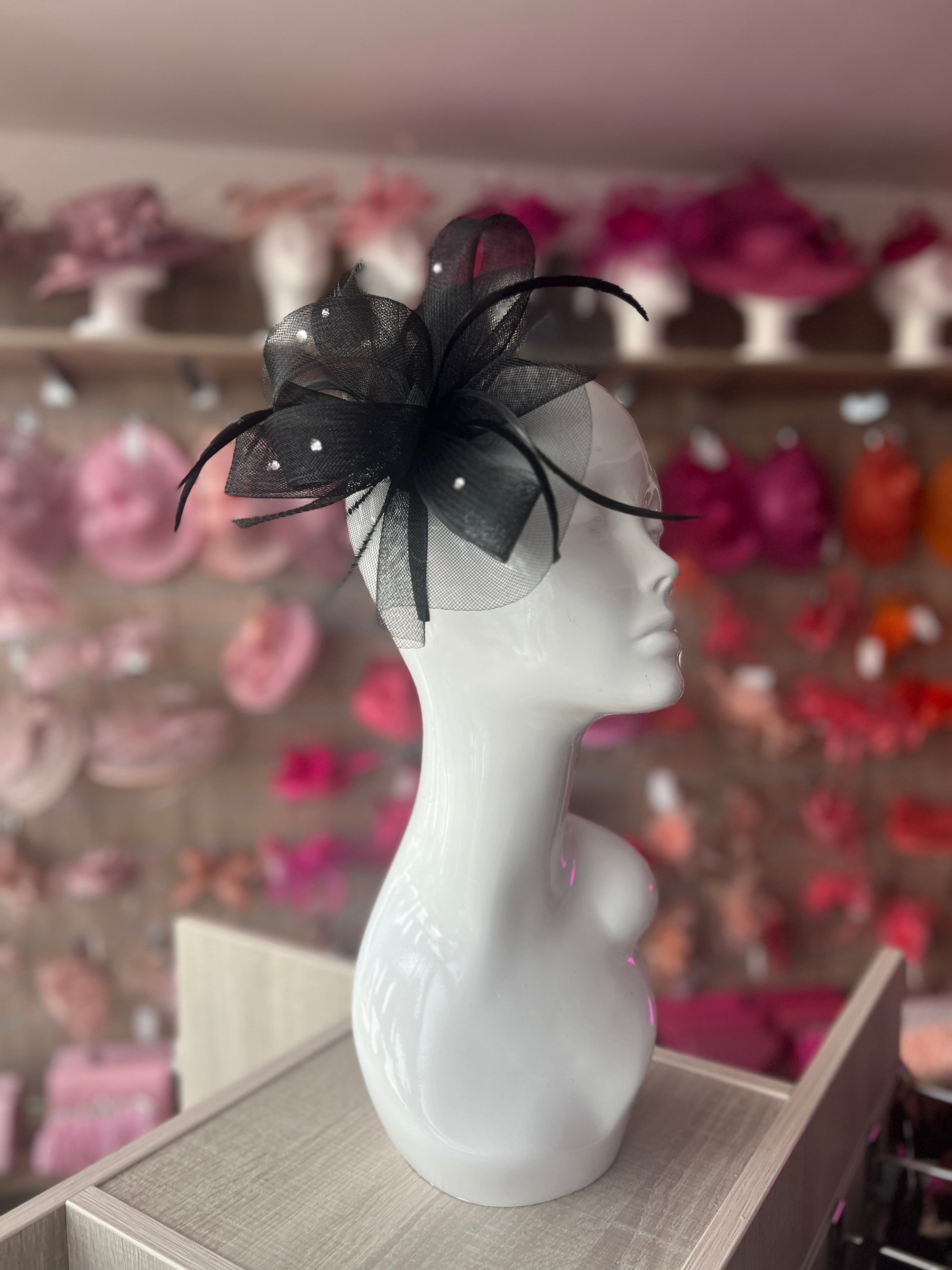 Black Diamante Fascinator With Ruched Crinoline & Feathers-Fascinators Direct