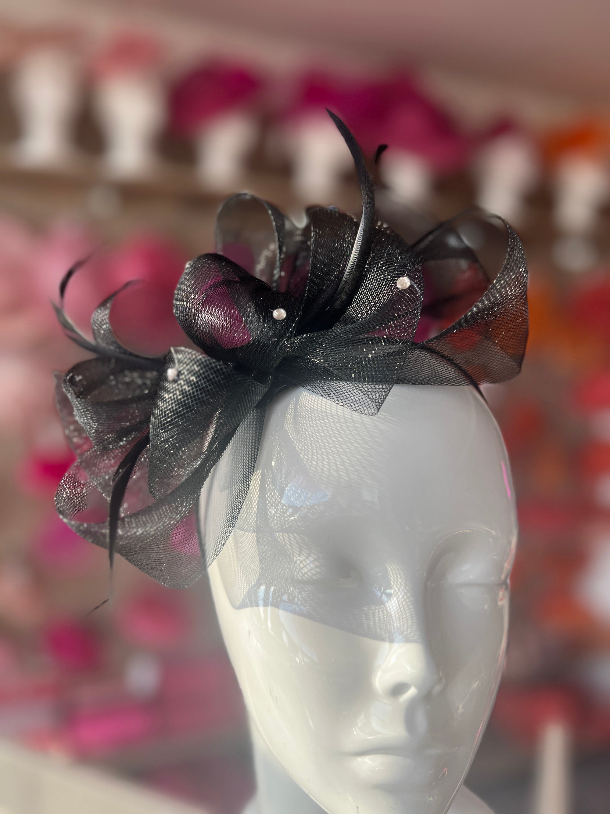 Black Diamanté Loop Bow Fascinator-Fascinators Direct