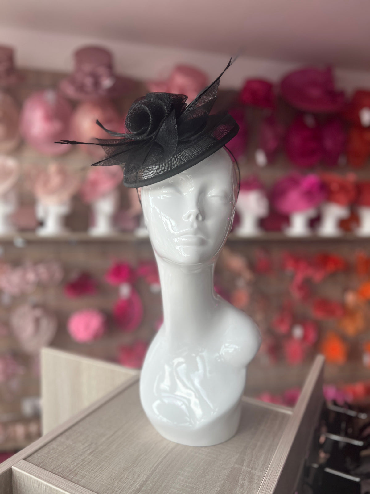 Black Disc Fascinator With Floral Design &amp; Feathers-Fascinators Direct
