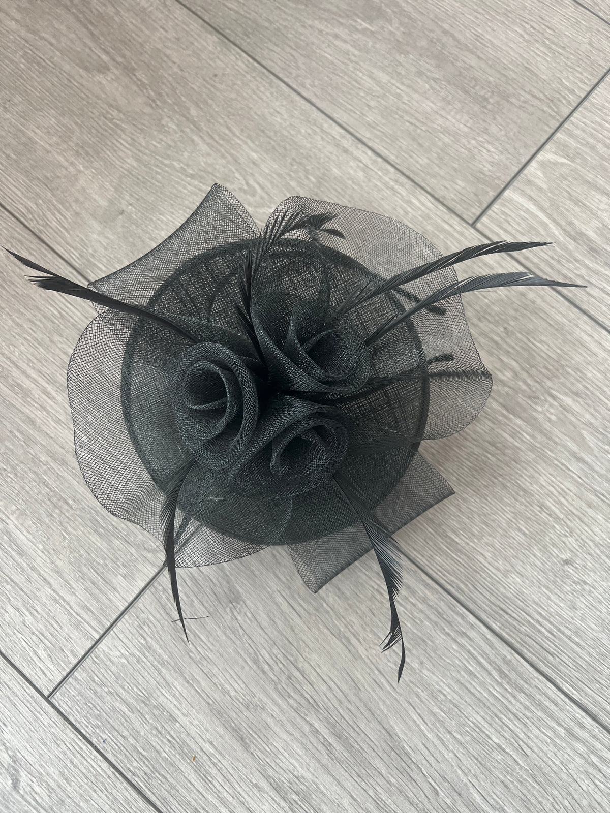 Black Disc Fascinator With Floral Design &amp; Feathers-Fascinators Direct