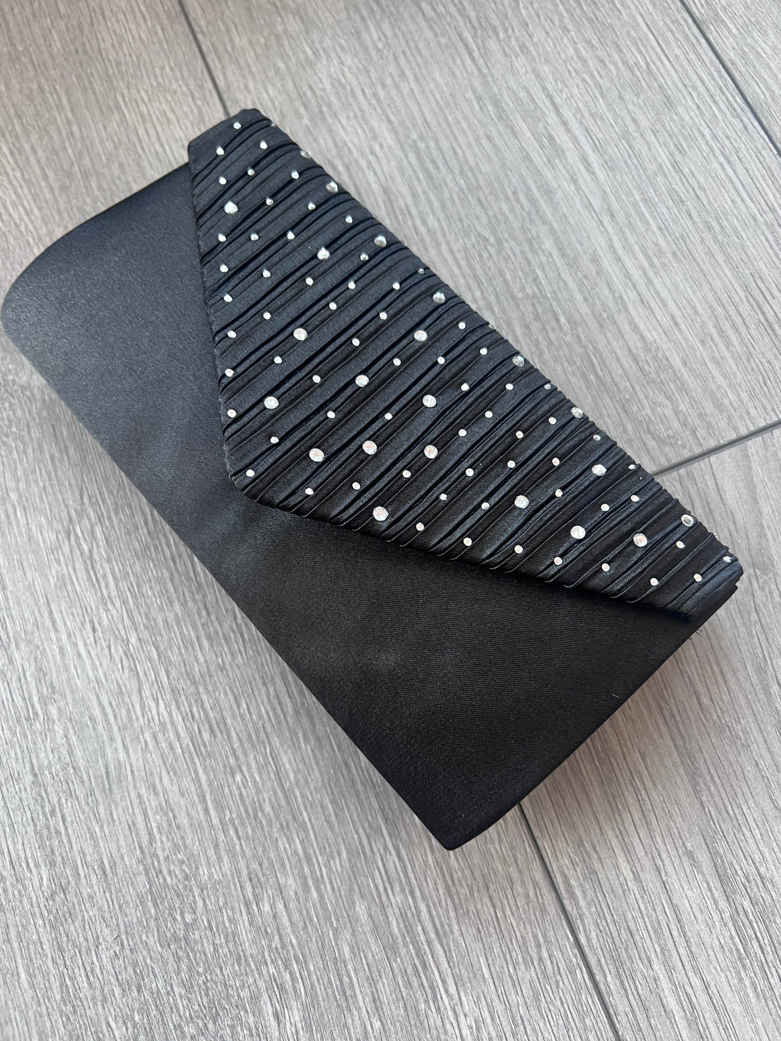 Black Envelope Clutch Bag with Silver Crystal Rhinestones-Fascinators Direct