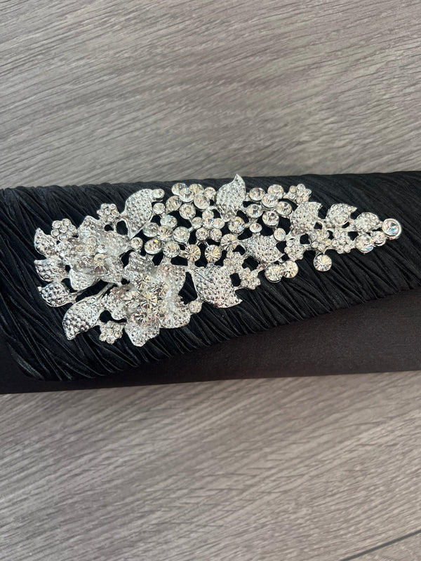 Satin Diamante Black Evening Clutch Bag for Going Out Weddings