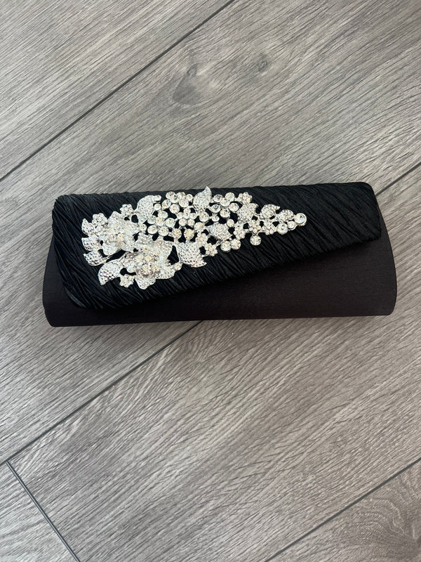 Satin Diamante Black Evening Clutch Bag for Going Out Weddings