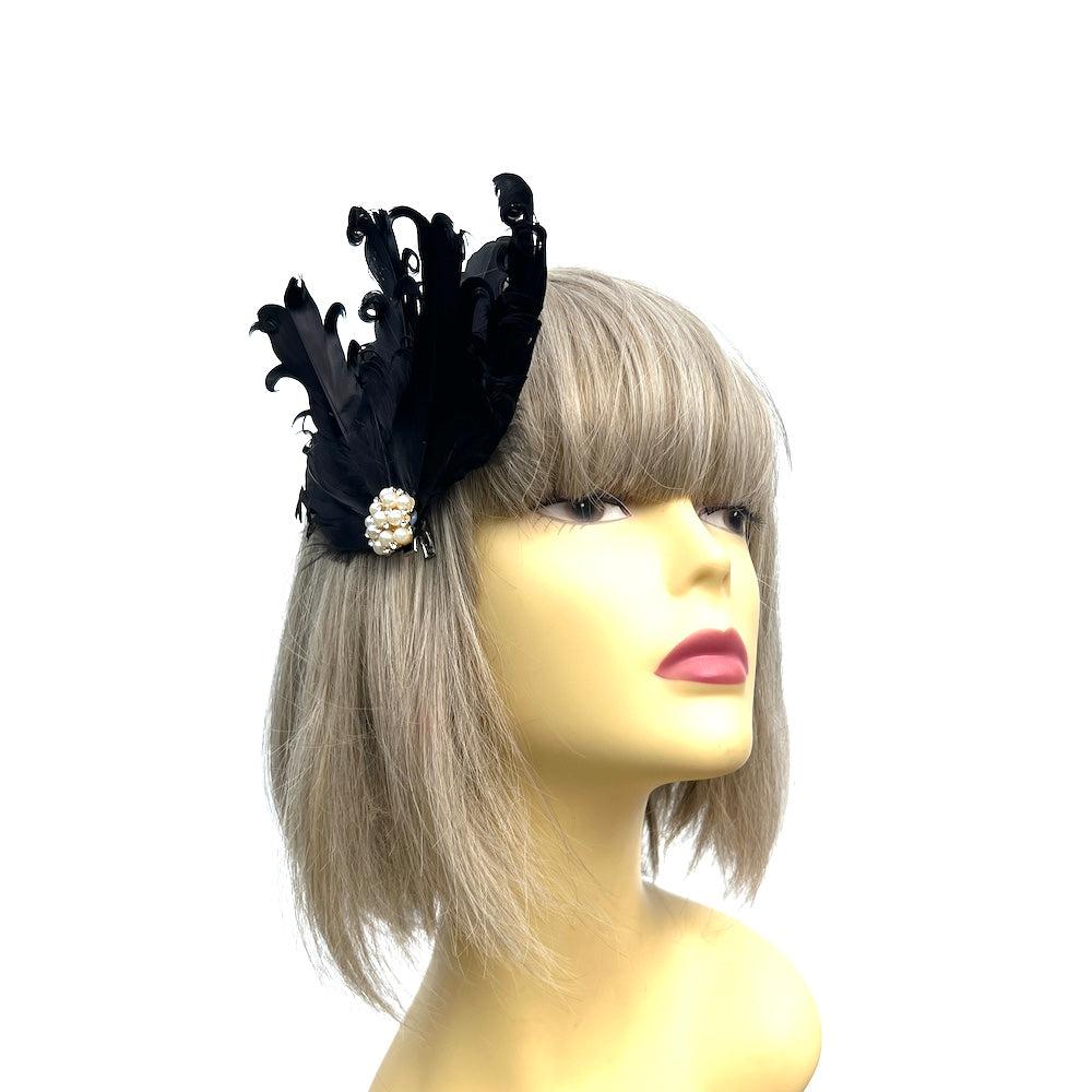 Black Fascinator Clip with Vintage Feathers & Pearls-Fascinators Direct
