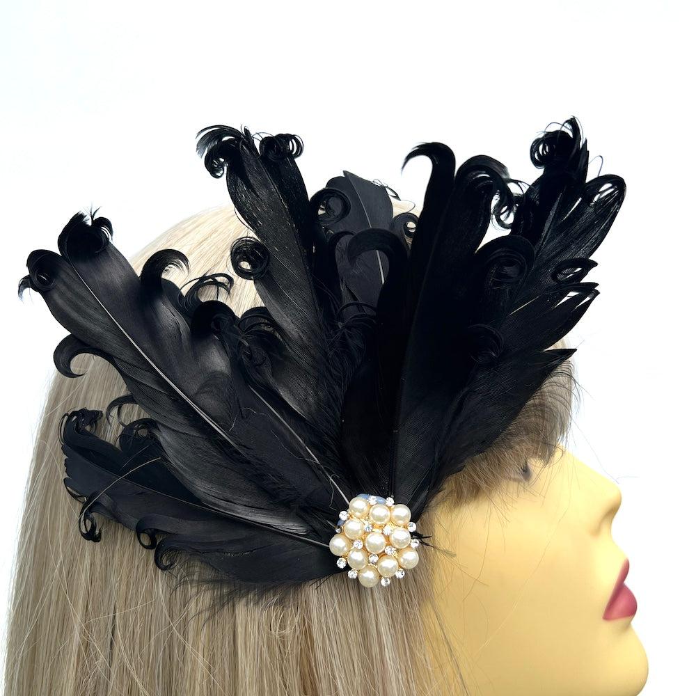 Black Fascinator Clip with Vintage Feathers Pearls