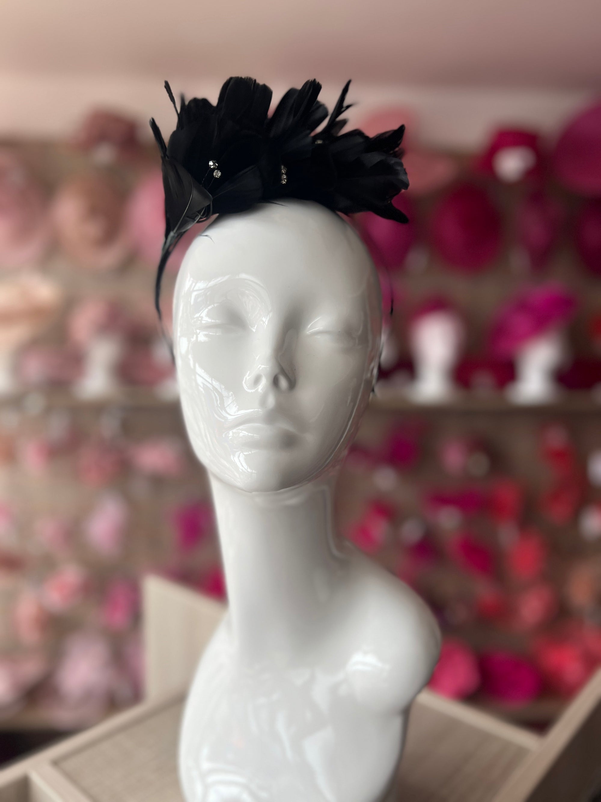 Black Fascinator Headband with Feather Petals & Diamanté-Fascinators Direct