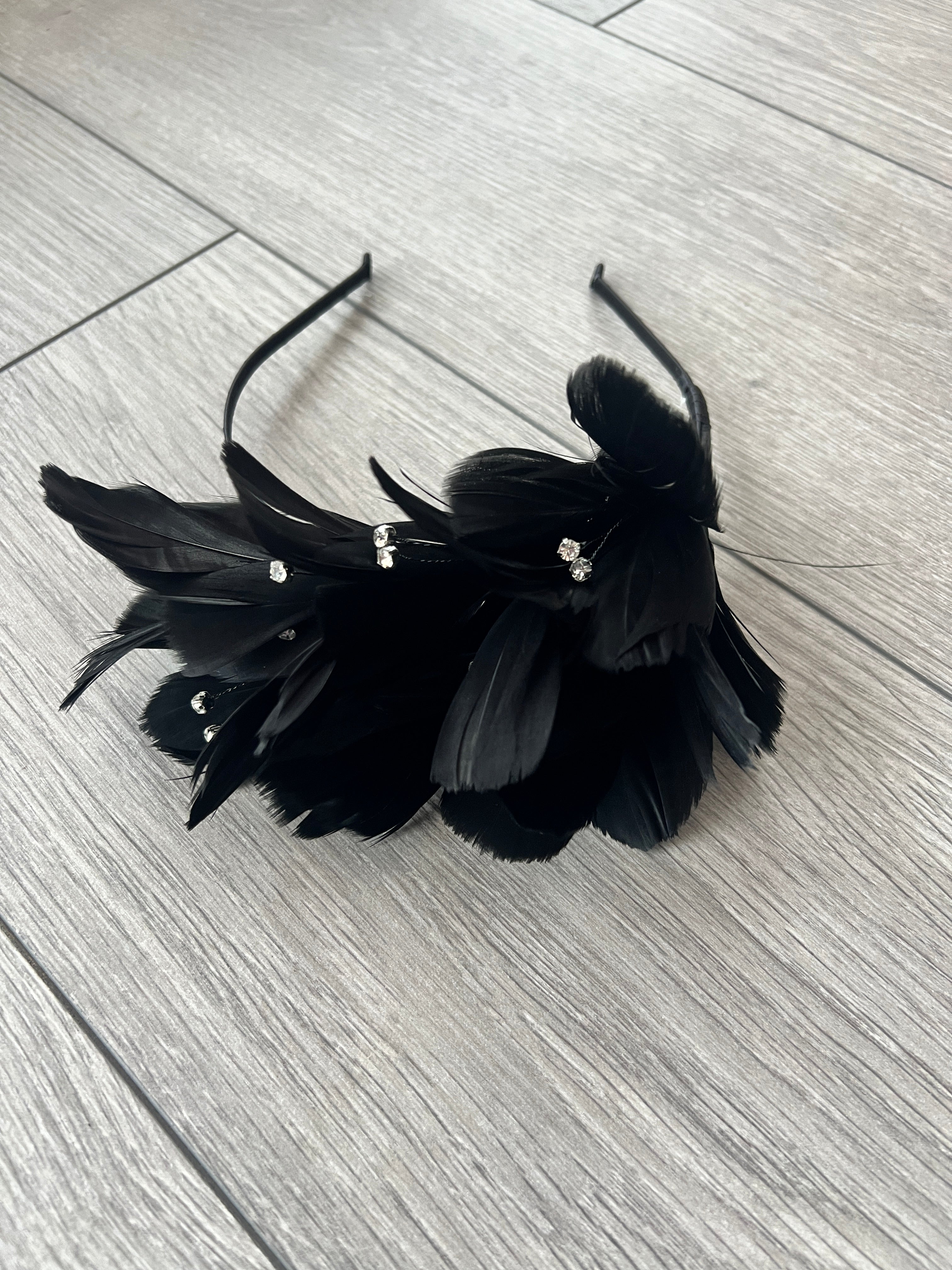 Black Fascinator Headband with Feather Petals Diamanté