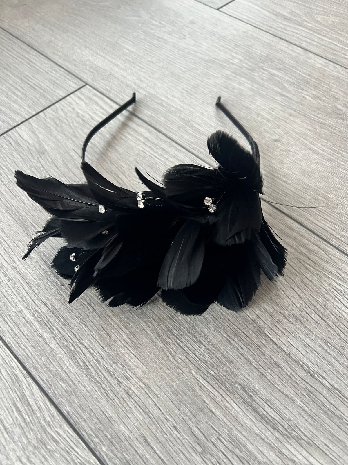 Black Fascinator Headband with Feather Petals &amp; Diamanté-Fascinators Direct