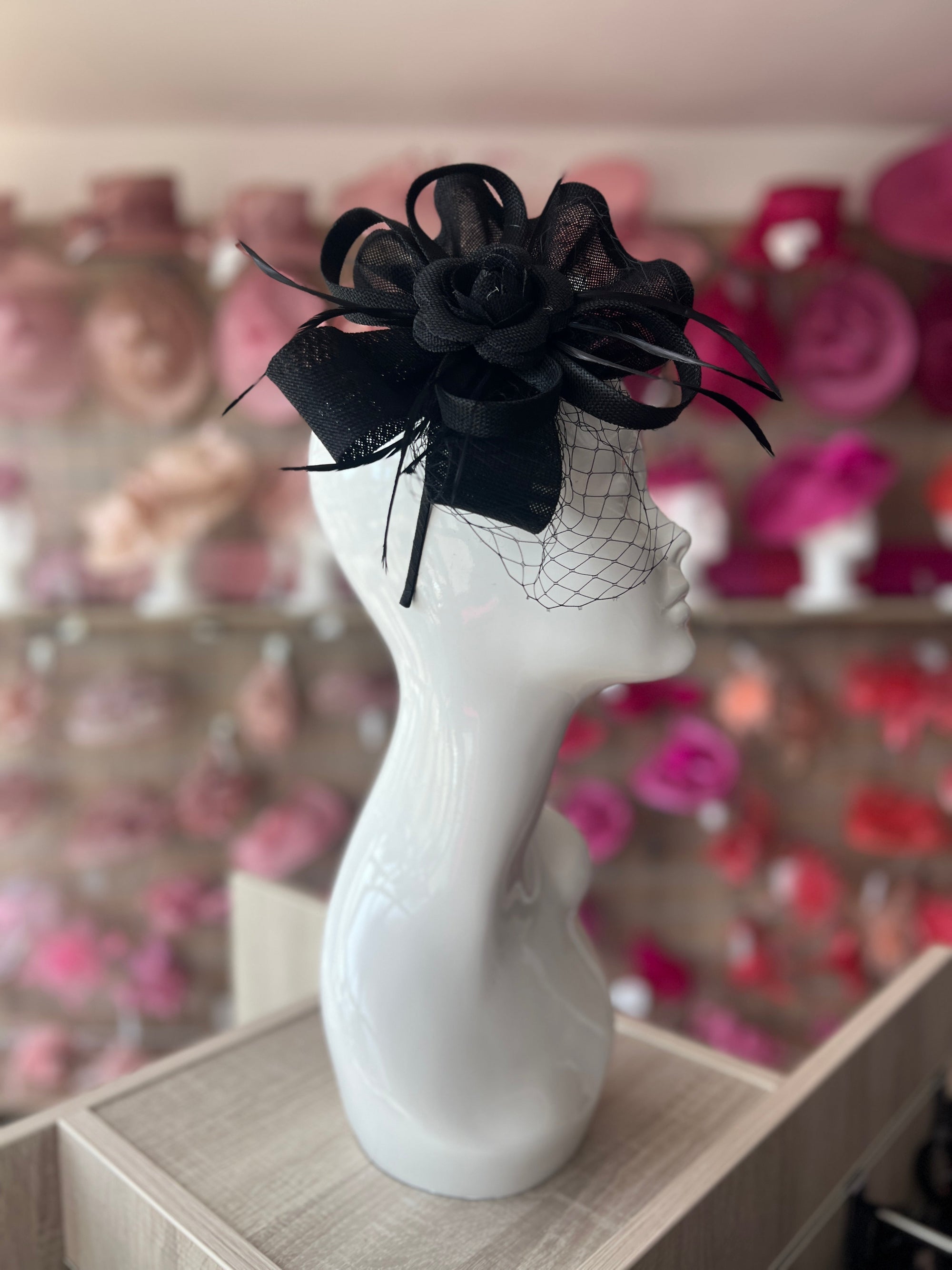 Black Fascinator Headband with Fluted Sinamay, Feathers & Net-Fascinators Direct