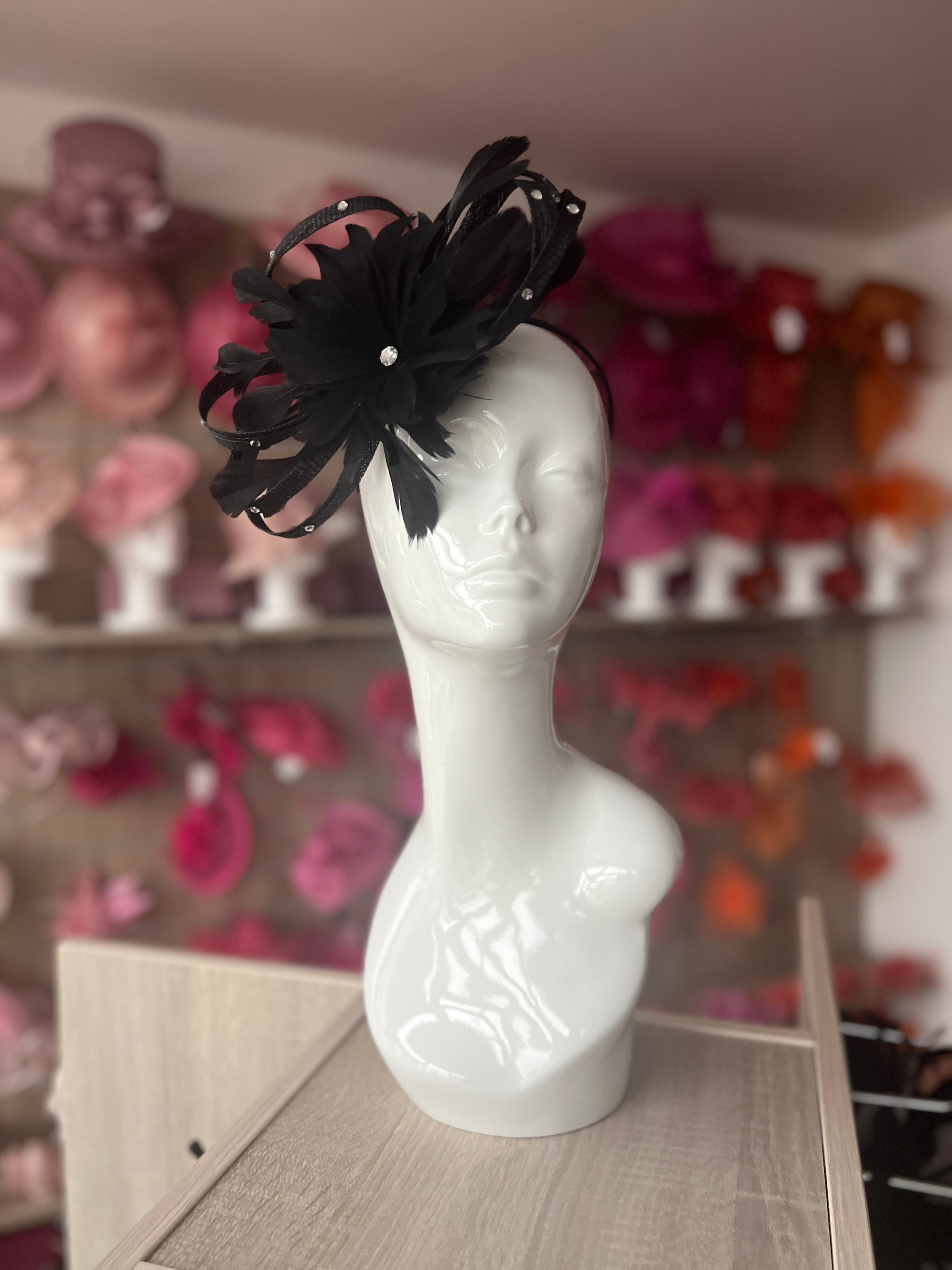 Black Fascinator With Diamanté Loops & Flower-Fascinators Direct